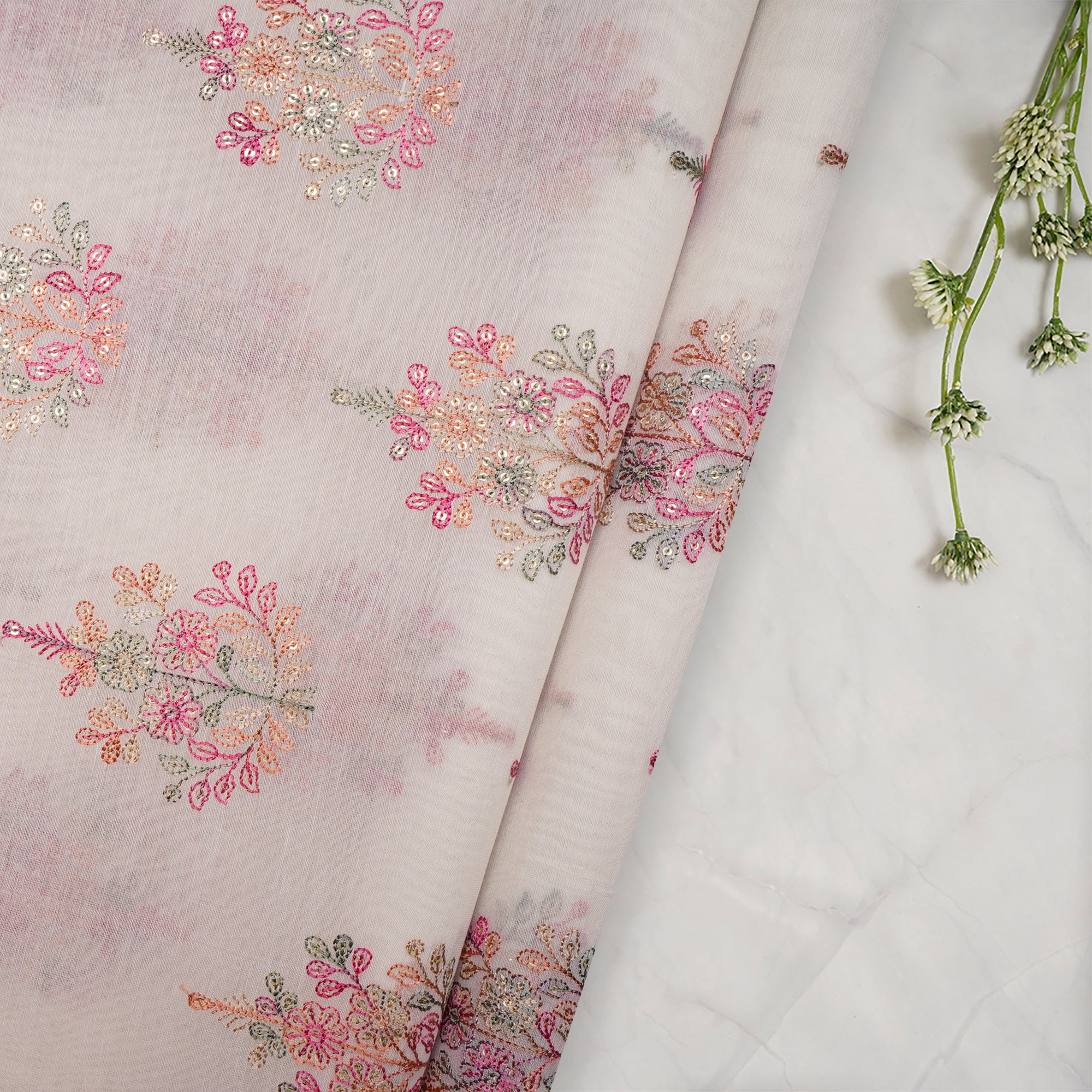 (Pre-Cut 1.00 Mtr)Off White Floral Pattern Embroidered Chanderi Fabric