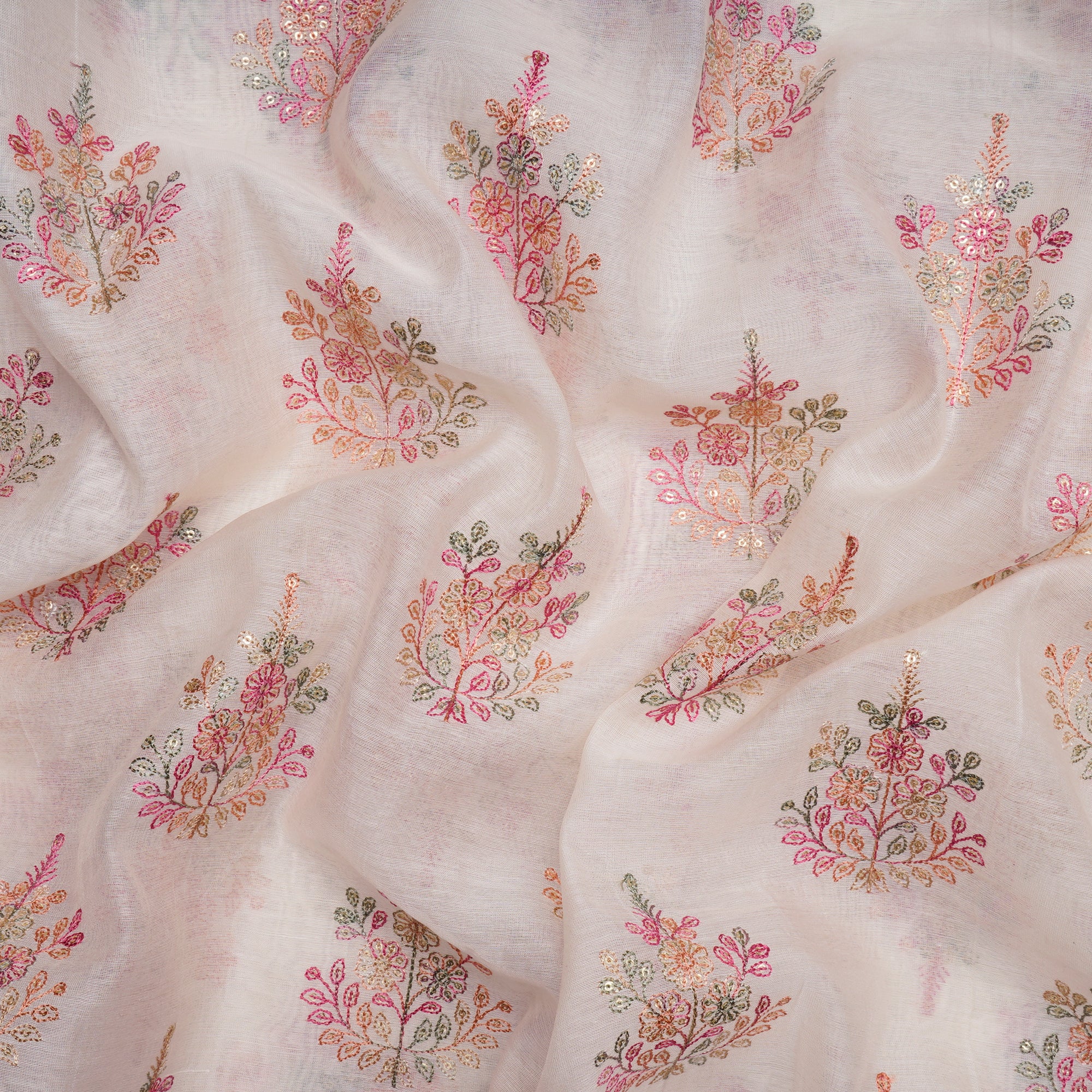 (Pre-Cut 1.00 Mtr)Off White Floral Pattern Embroidered Chanderi Fabric