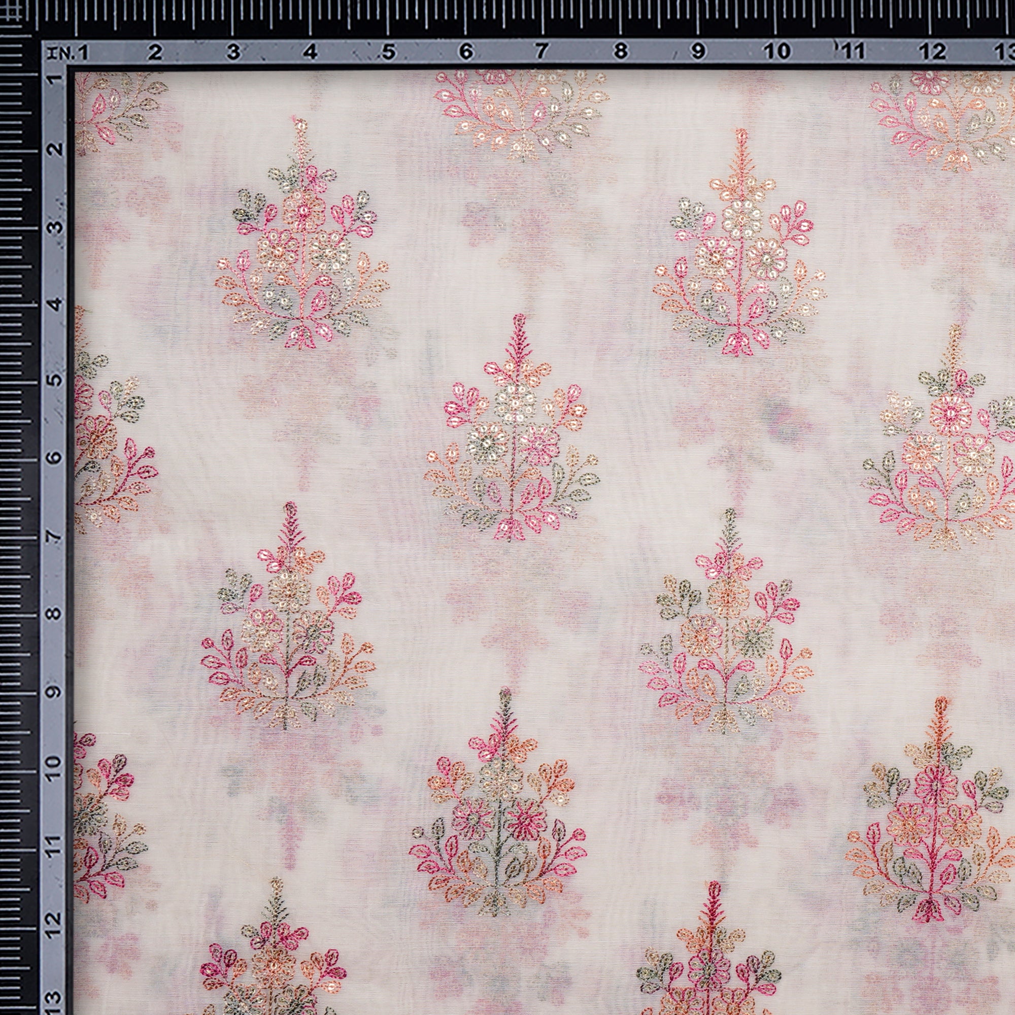 (Pre-Cut 1.00 Mtr)Off White Floral Pattern Embroidered Chanderi Fabric