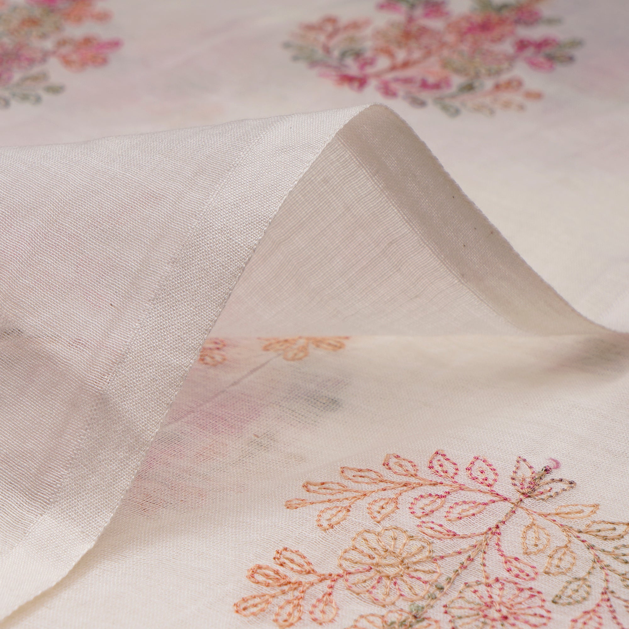 (Pre-Cut 1.00 Mtr)Off White Floral Pattern Embroidered Chanderi Fabric