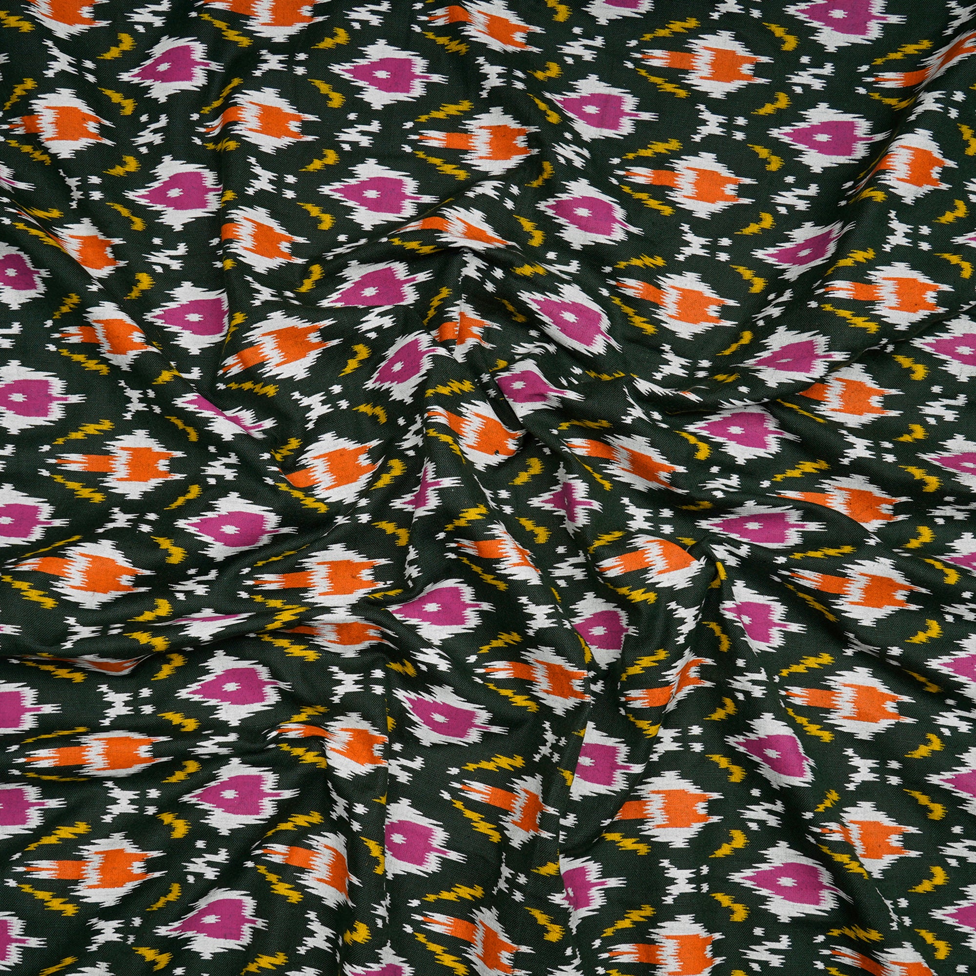 (Pre-Cut 2.50 Mtr)Multi Color Ikat Pattern Screen Printed Pure Cotton Fabric