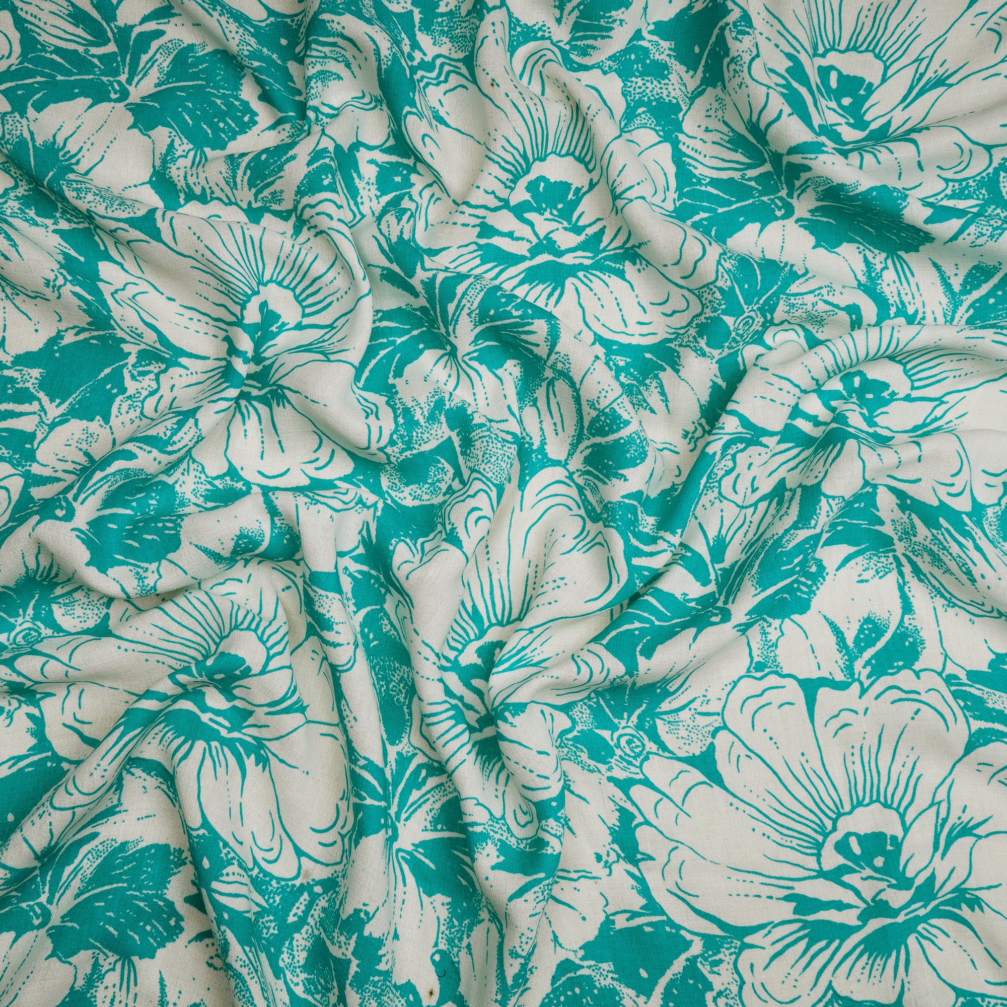 (Pre-Cut 1.00 Mtr)Sky BlueFloral Pattern Screen Printed Linen Fabric