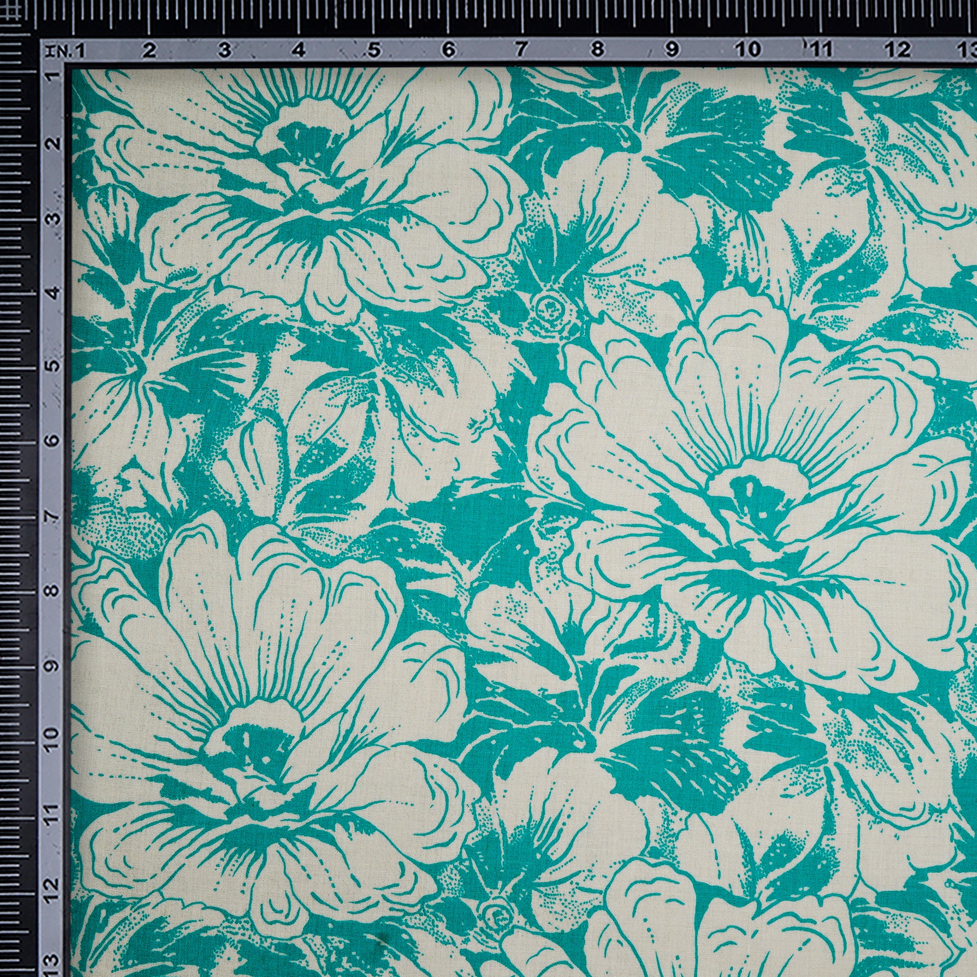 (Pre-Cut 1.00 Mtr)Sky BlueFloral Pattern Screen Printed Linen Fabric