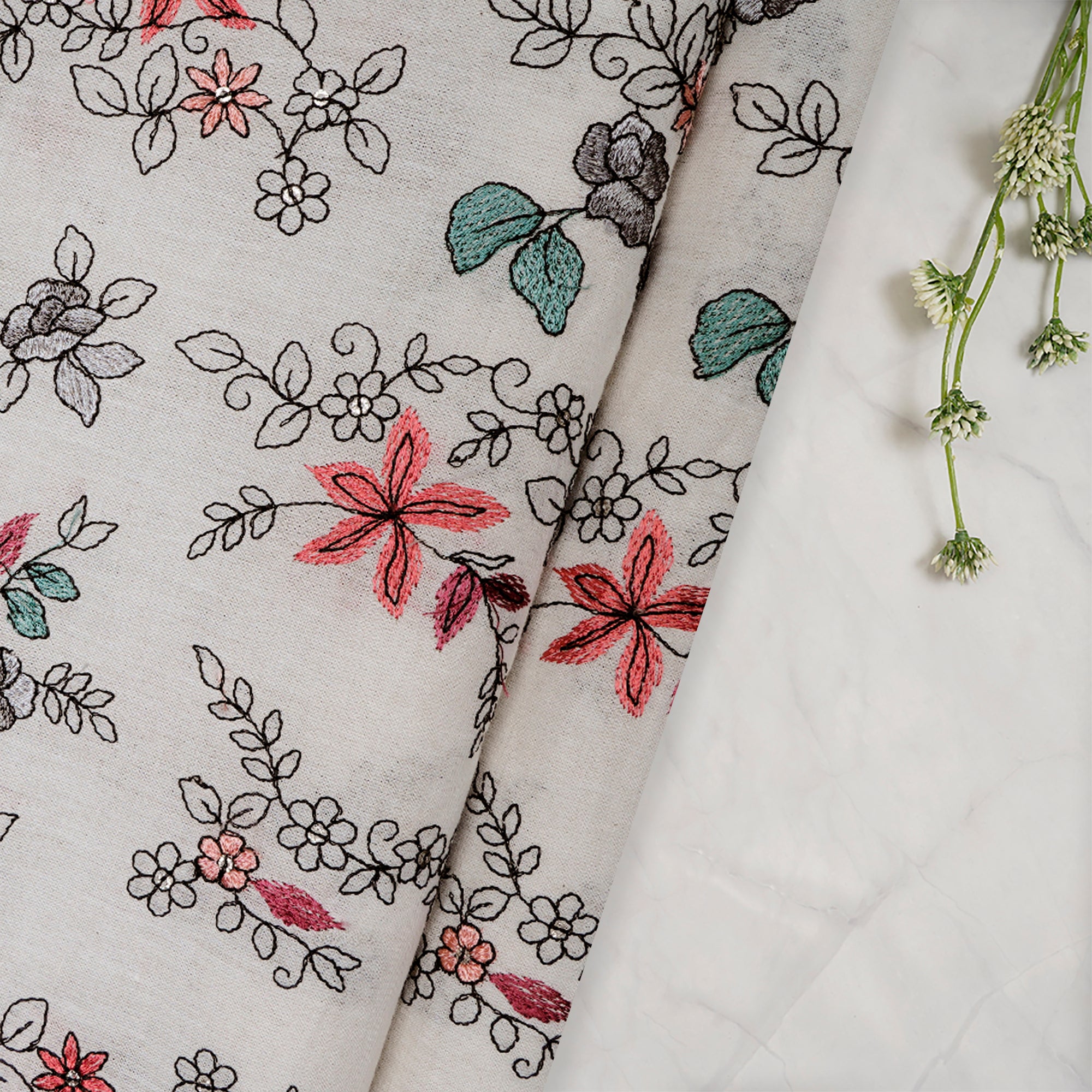 (Pre-Cut 3.60 Mtr)Off White Floral Pattern Embroidered Cotton Fabric