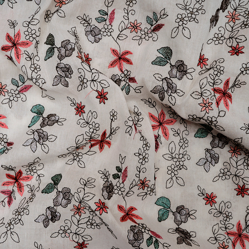 (Pre-Cut 3.60 Mtr)Off White Floral Pattern Embroidered Cotton Fabric