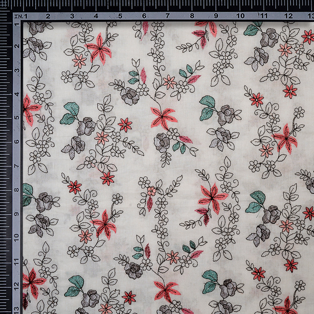 (Pre-Cut 3.60 Mtr)Off White Floral Pattern Embroidered Cotton Fabric