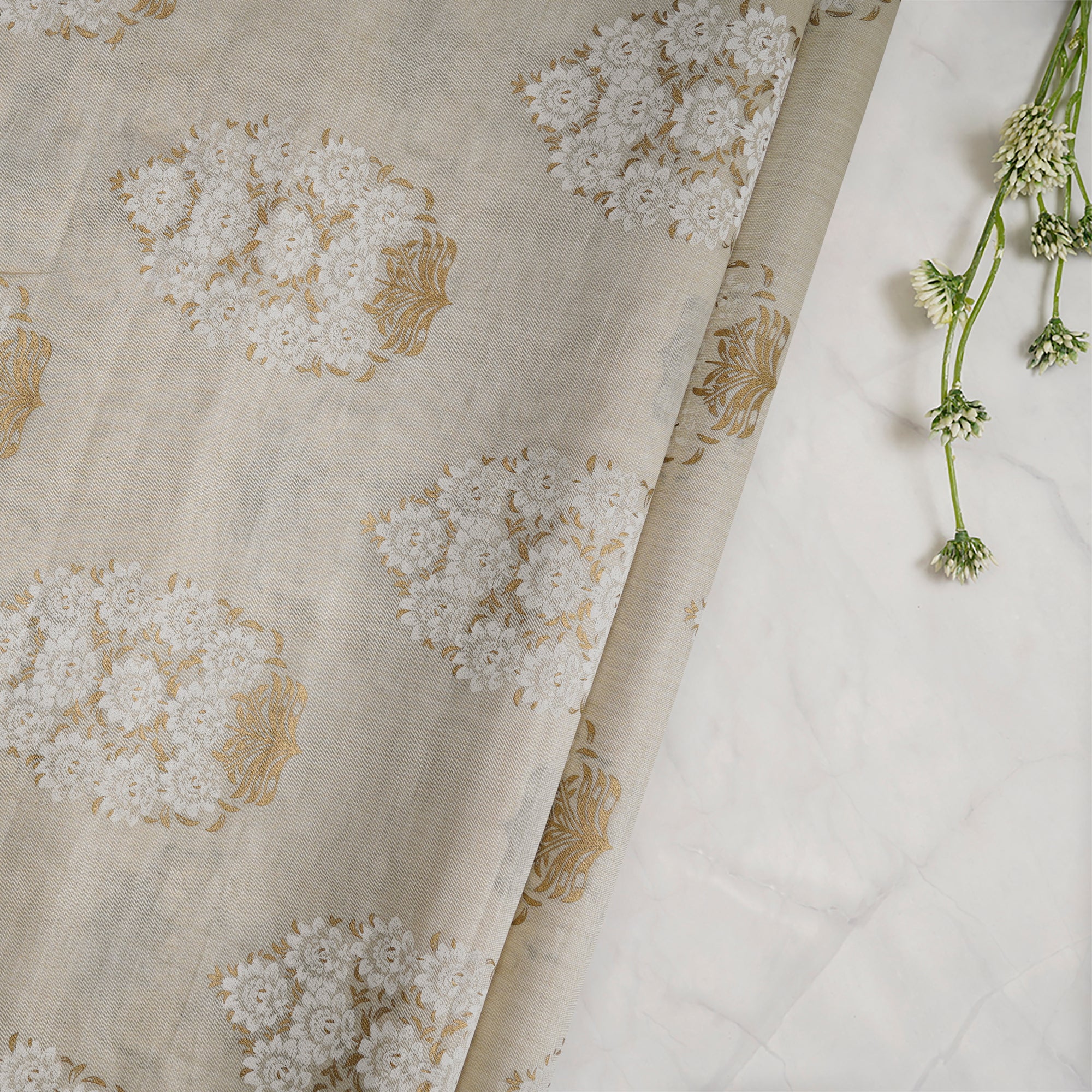 (Pre-Cut 3.40Mtr)Beige Color Printed Poly Viscose Fabric
