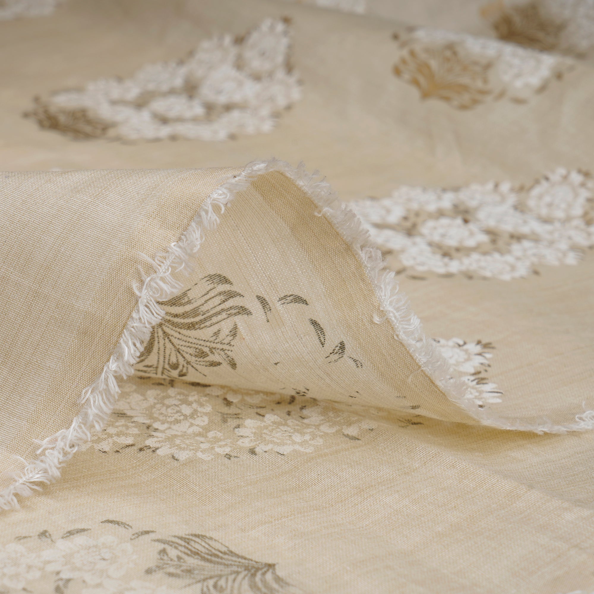 (Pre-Cut 3.40Mtr)Beige Color Printed Poly Viscose Fabric
