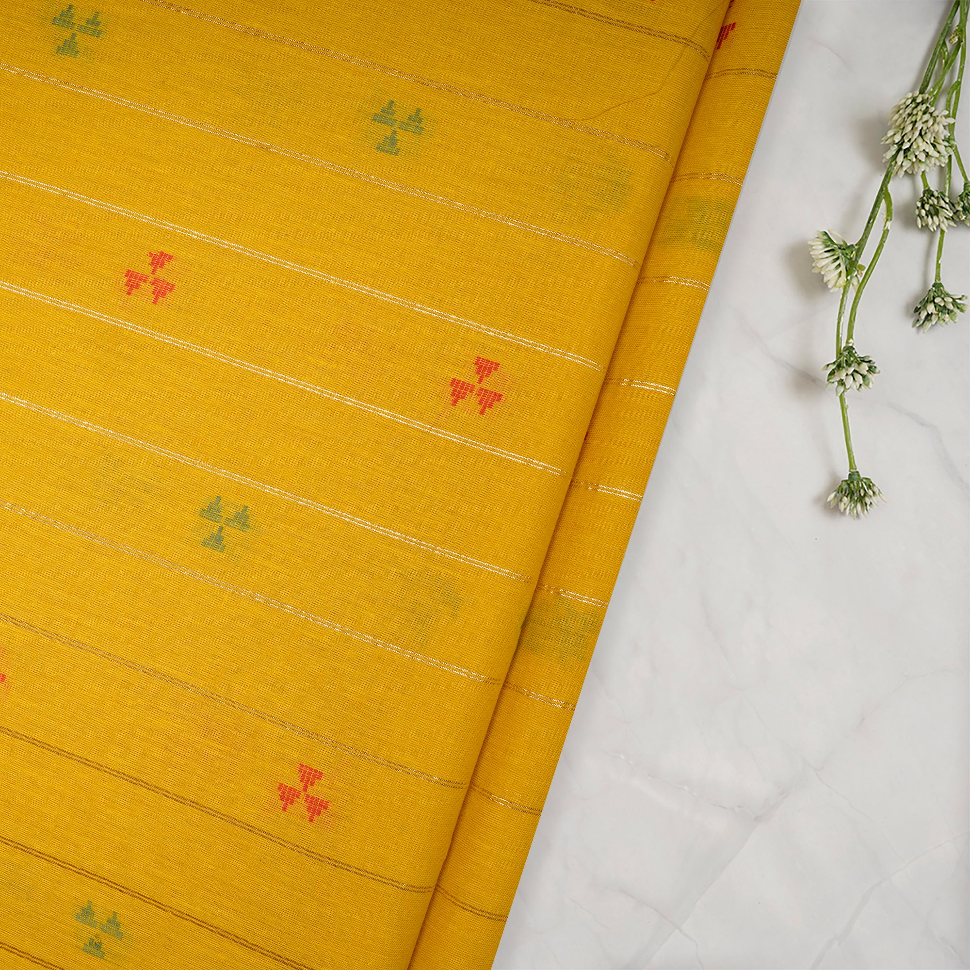 (Pre-Cut 1.00 Mtr)Yellow Geometric Pattern Yarn Dyed Cutwork Fancy South Cotton Fabric
