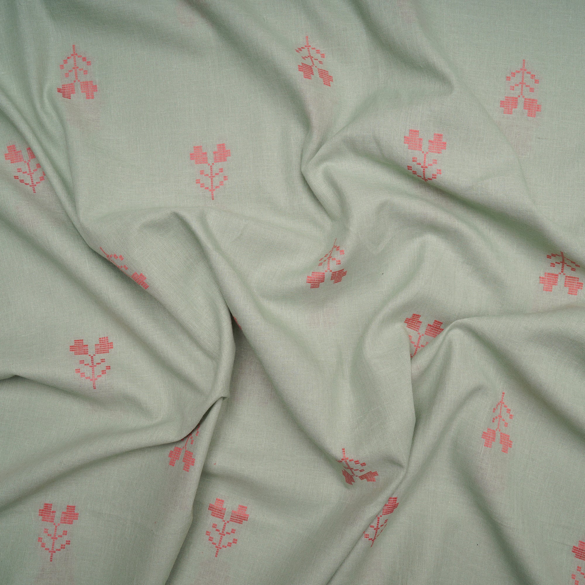 (Pre-Cut 2.50 Mtr)Light Mint Floral Pattern Yarn Dyed Fancy Cutwork South Cotton Fabric