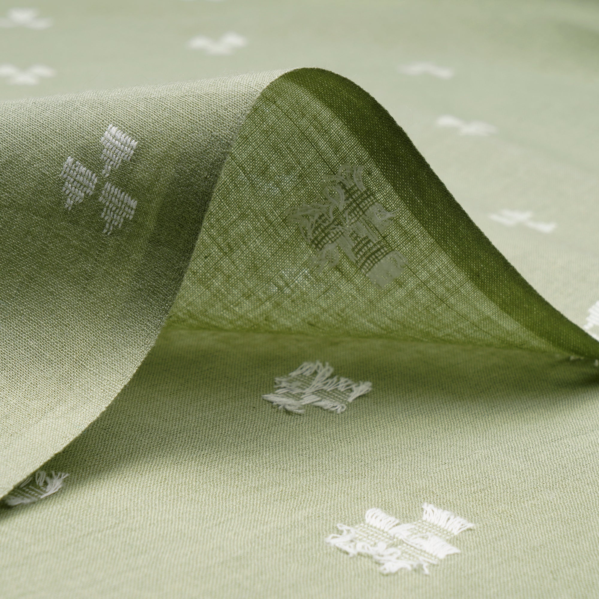 (Pre-Cut 1.65 Mtr) Celadon Green Geometric Pattern Yarn Dyed Cutwork Fancy South Cotton Fabric