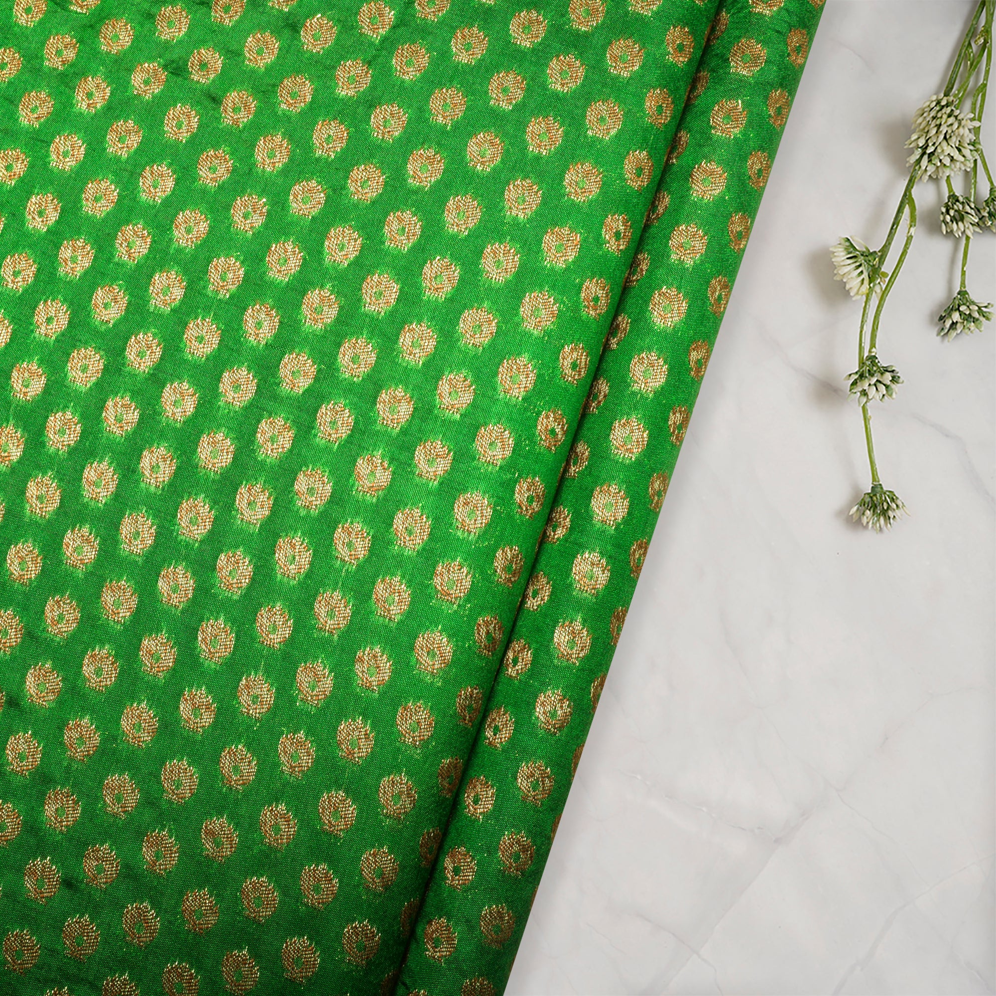 (Pre-Cut 2.50 Mtr)Green Booti Pattern Blended Banarasi Brocade Fabric