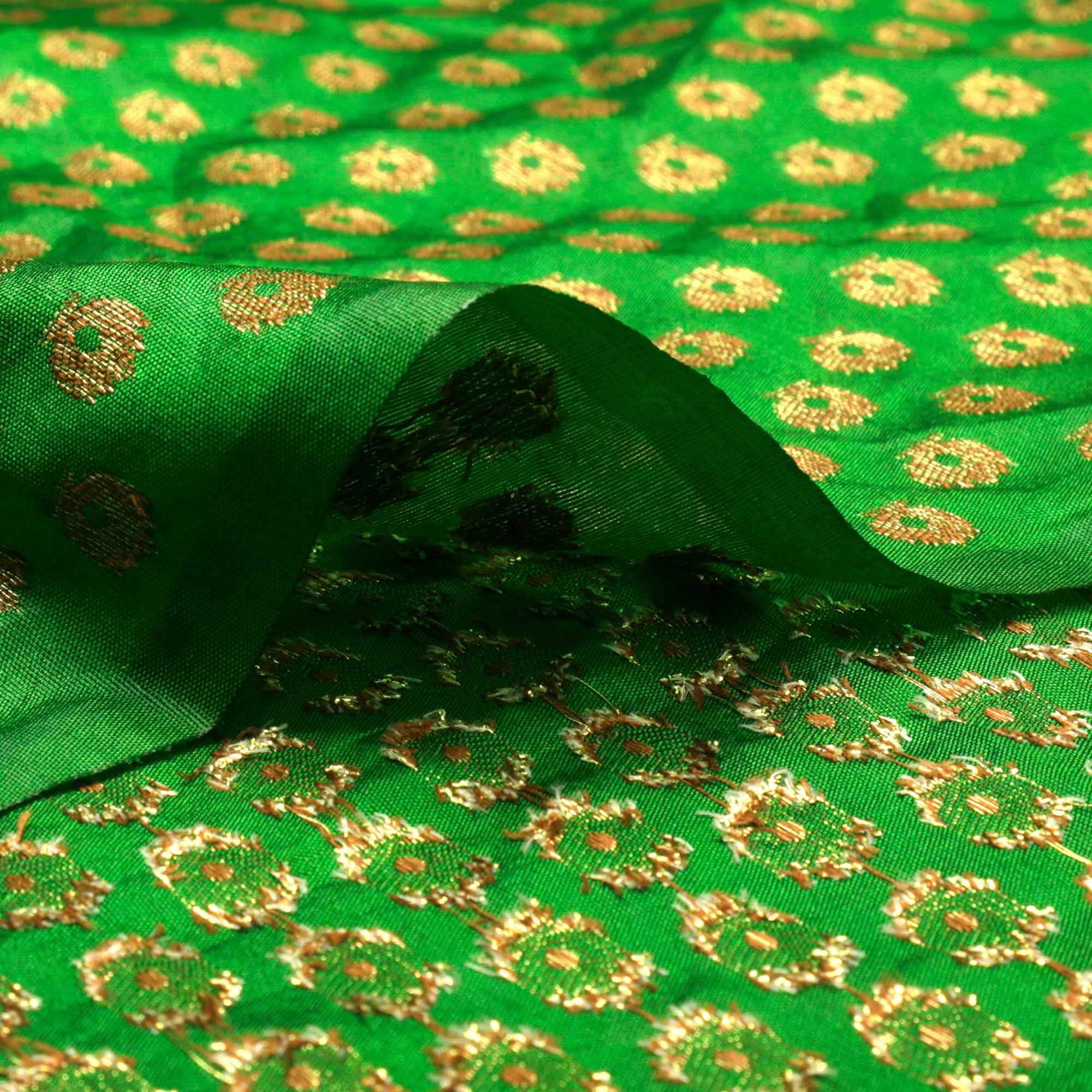 (Pre-Cut 2.50 Mtr)Green Booti Pattern Blended Banarasi Brocade Fabric