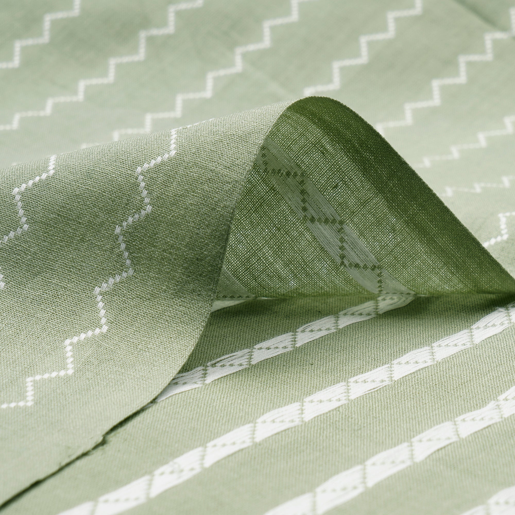 (Pre-Cut 2.90 Mtr)Celadon Green Stripe Pattern Yarn Dyed Cutwork Fancy South Cotton Fabric