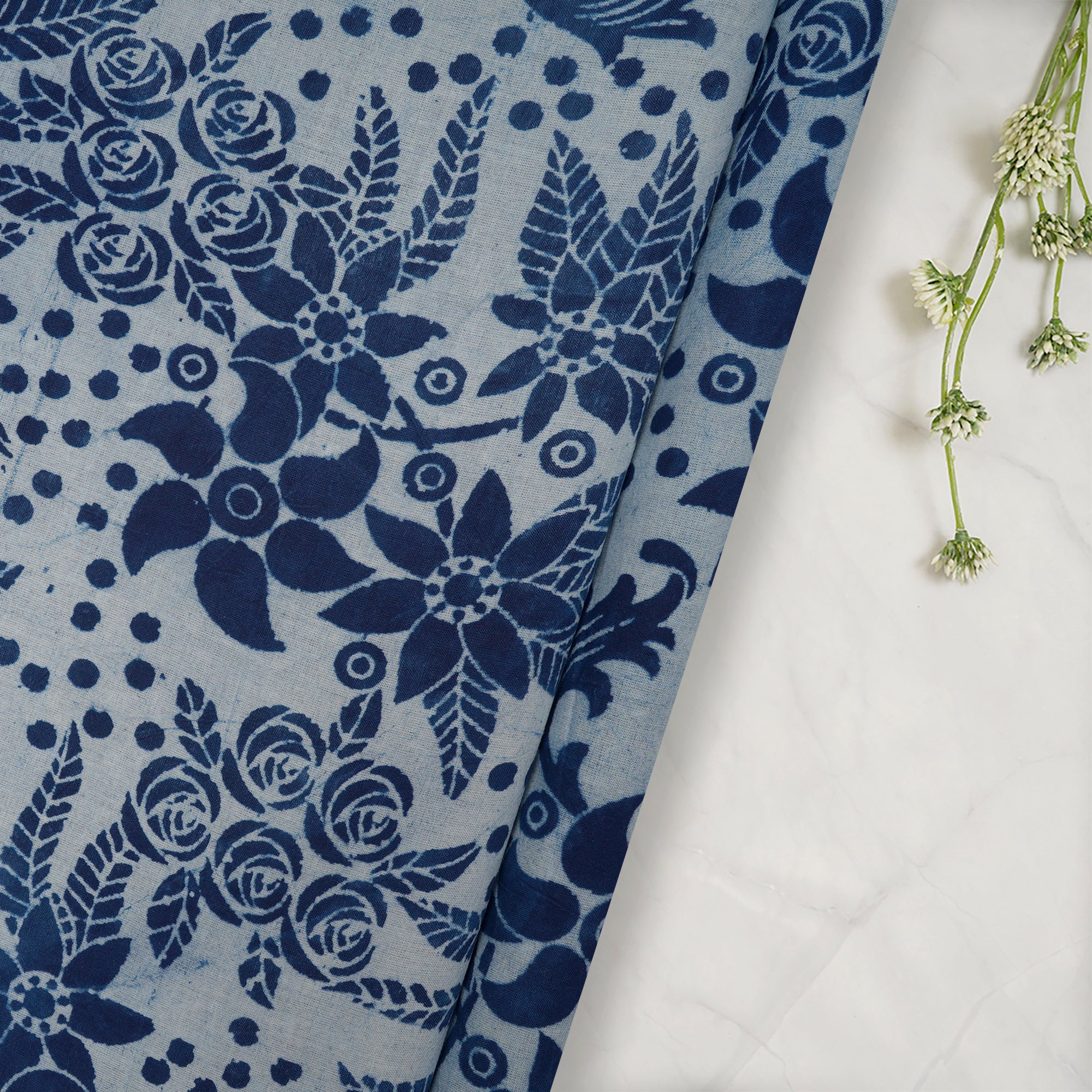 (Pre-Cut 1.50 Mtr)Indigo Blue Hand Block Natural Dye Dabu Printed Cotton Fabricprecuts&&2041