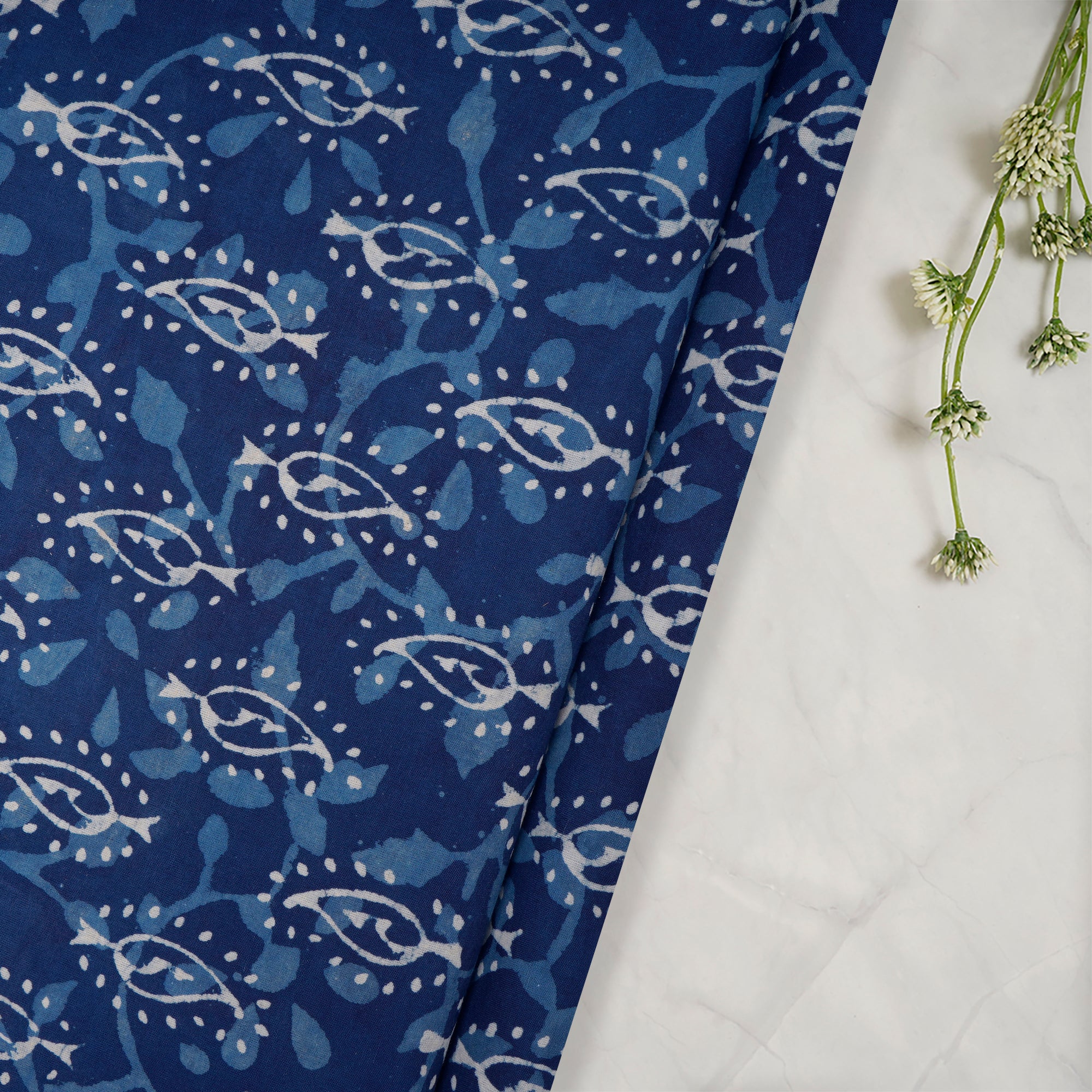 (Pre-Cut 3.60 Mtr)Indigo Blue Hand Block Natural Dye Dabu Printed Cotton Fabricprecuts&&2040