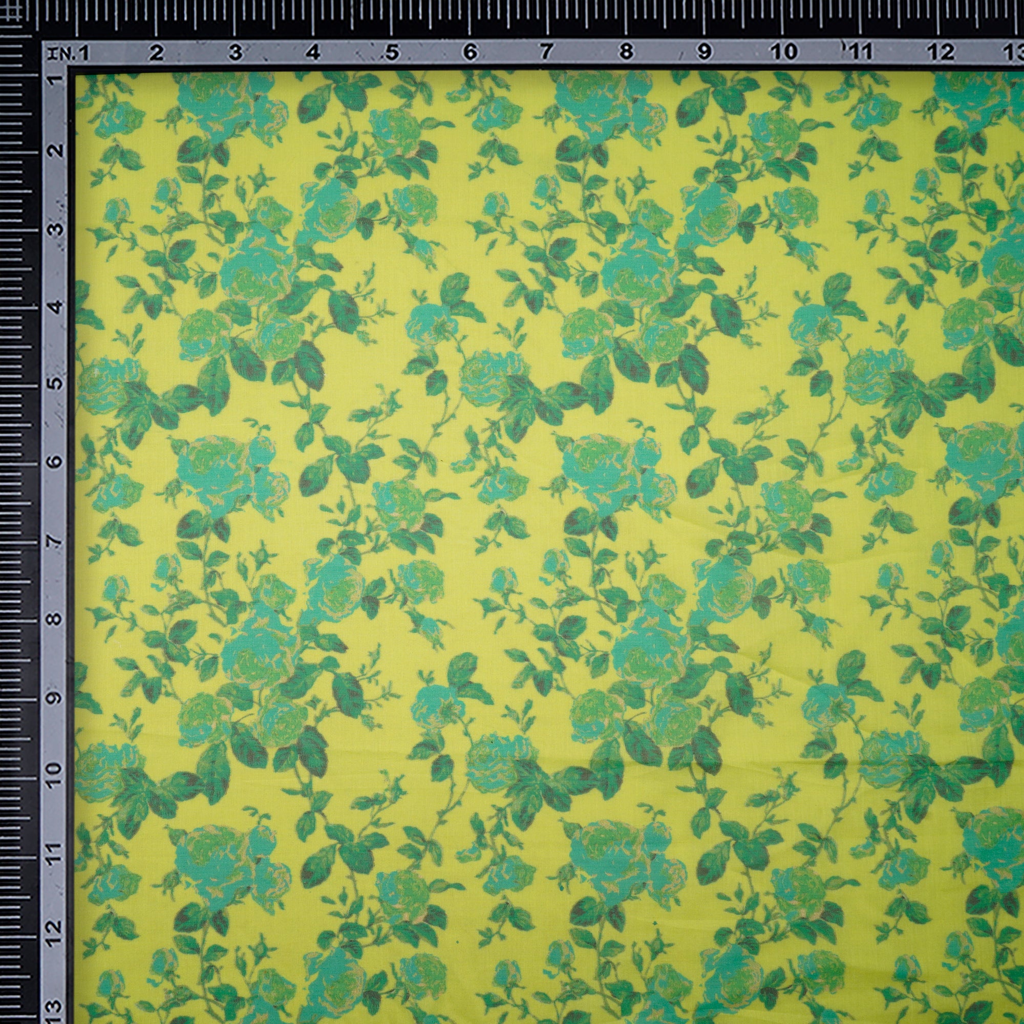 (Pre-Cut 1.00 Mtr)Green Color Digital Printed High twist Poly Cotton Voile Fabric