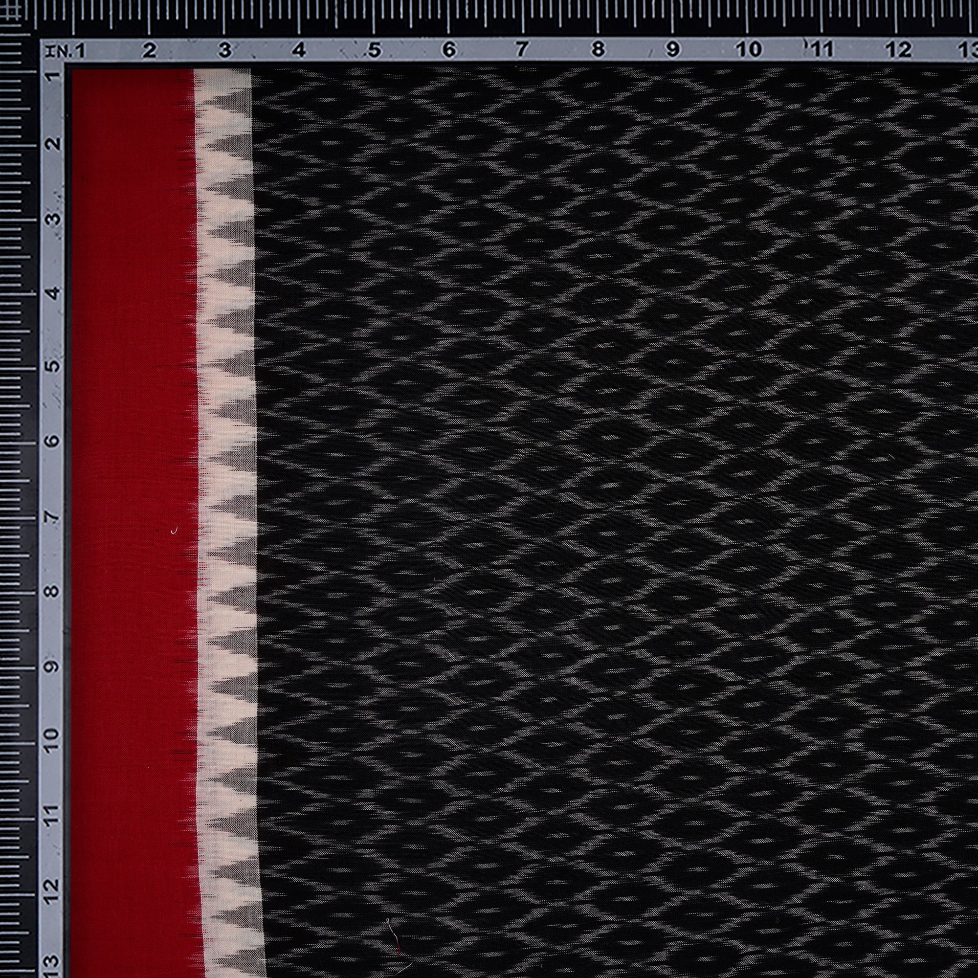 (Pre-Cut 1.30 Mtr) Black-Red Color Handwoven Pure Cotton Ikat Fabric