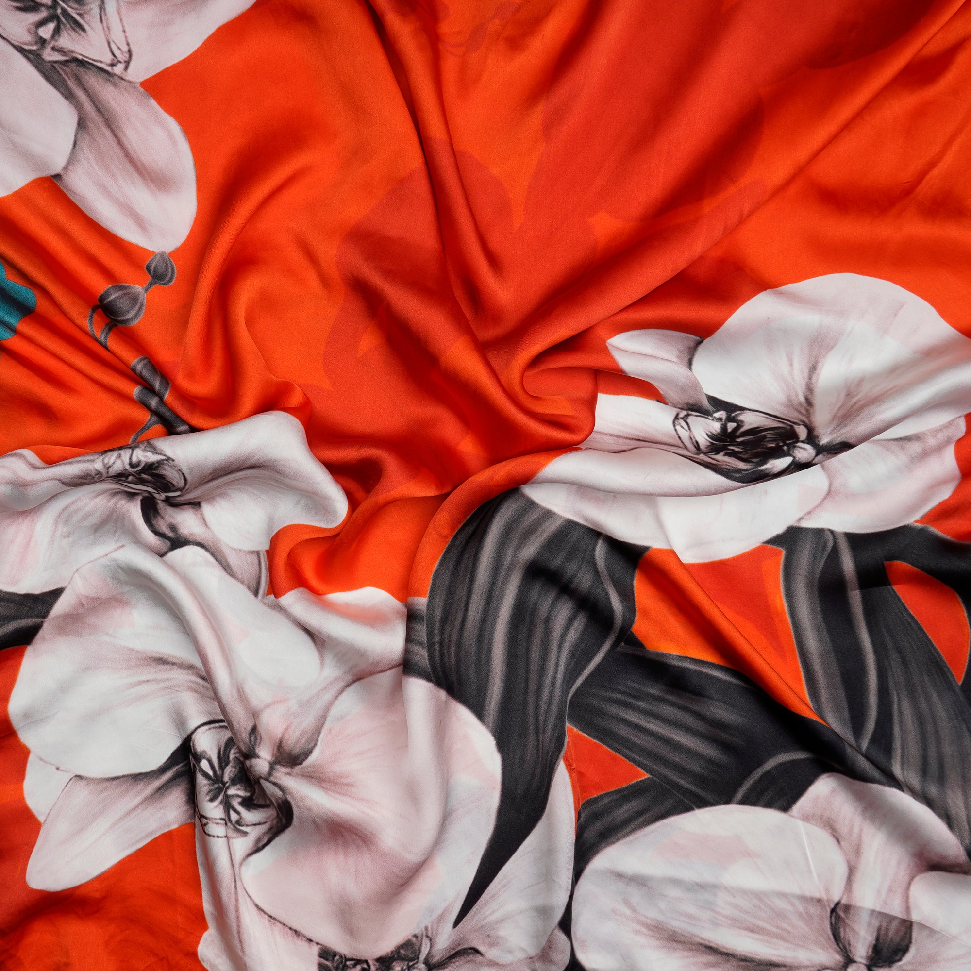 (Pre-Cut 1.50 Mtr)Spicy Orange Floral Pattern Digital Print Viscose Satin Fabric