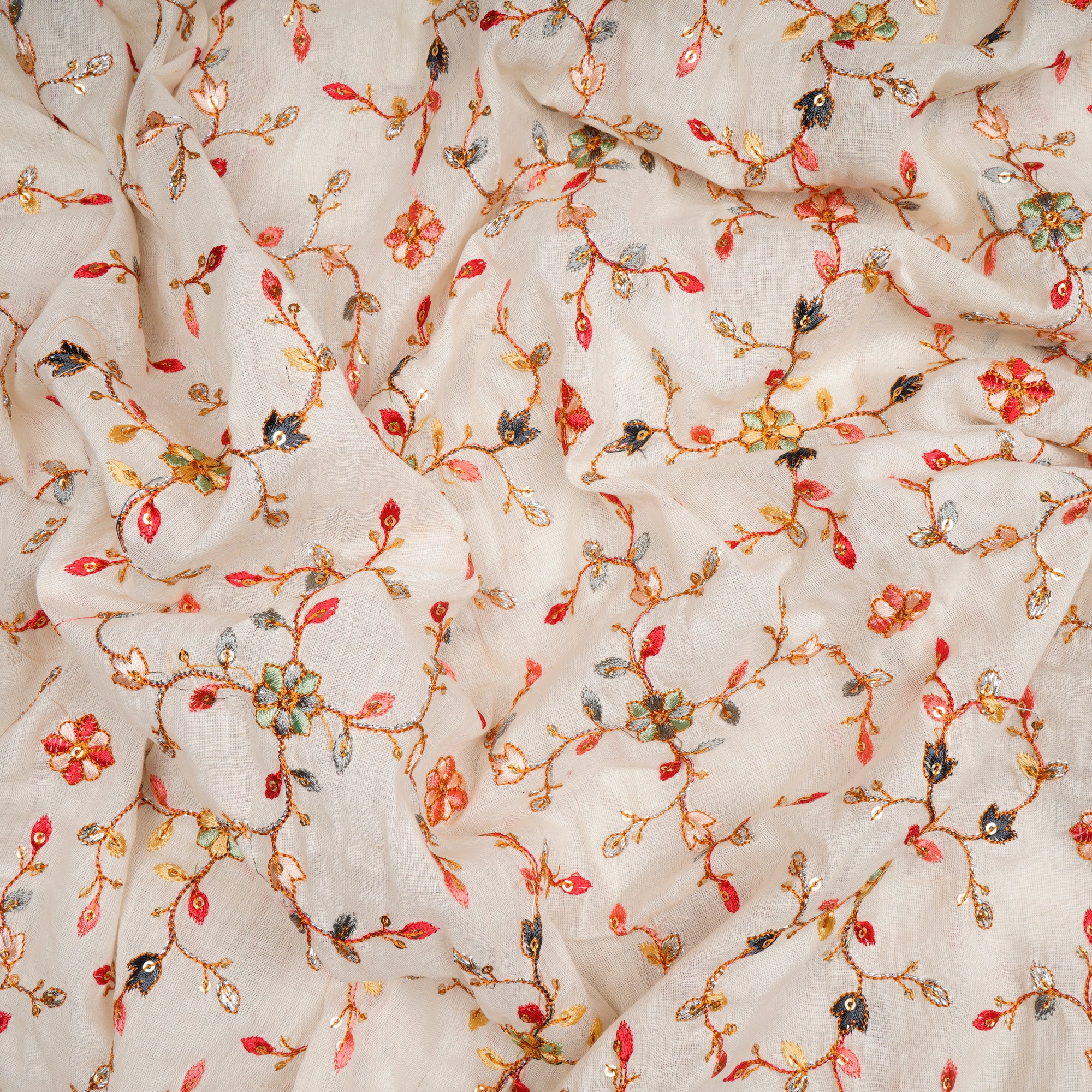 (Pre-Cut 1.60 Mtr)Cream All Over Floral Pattern Embroidered Cotton Fabric