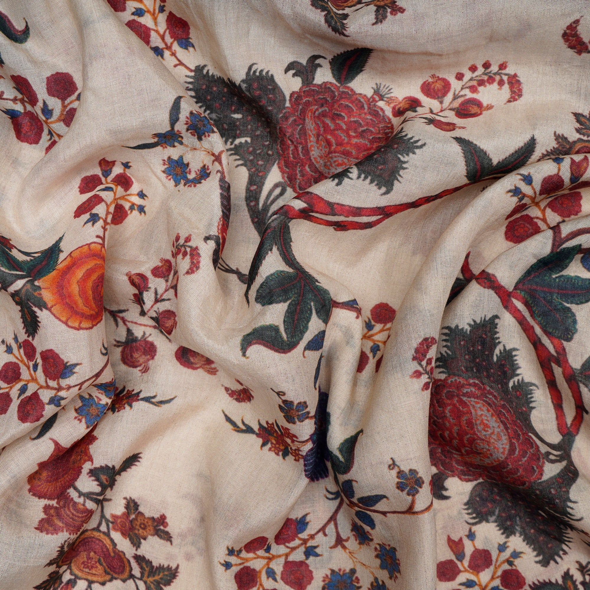 (Pre-Cut 1.50 Mtr)Beige Floral Pattern Digital Print Tussar Chanderi Fabric