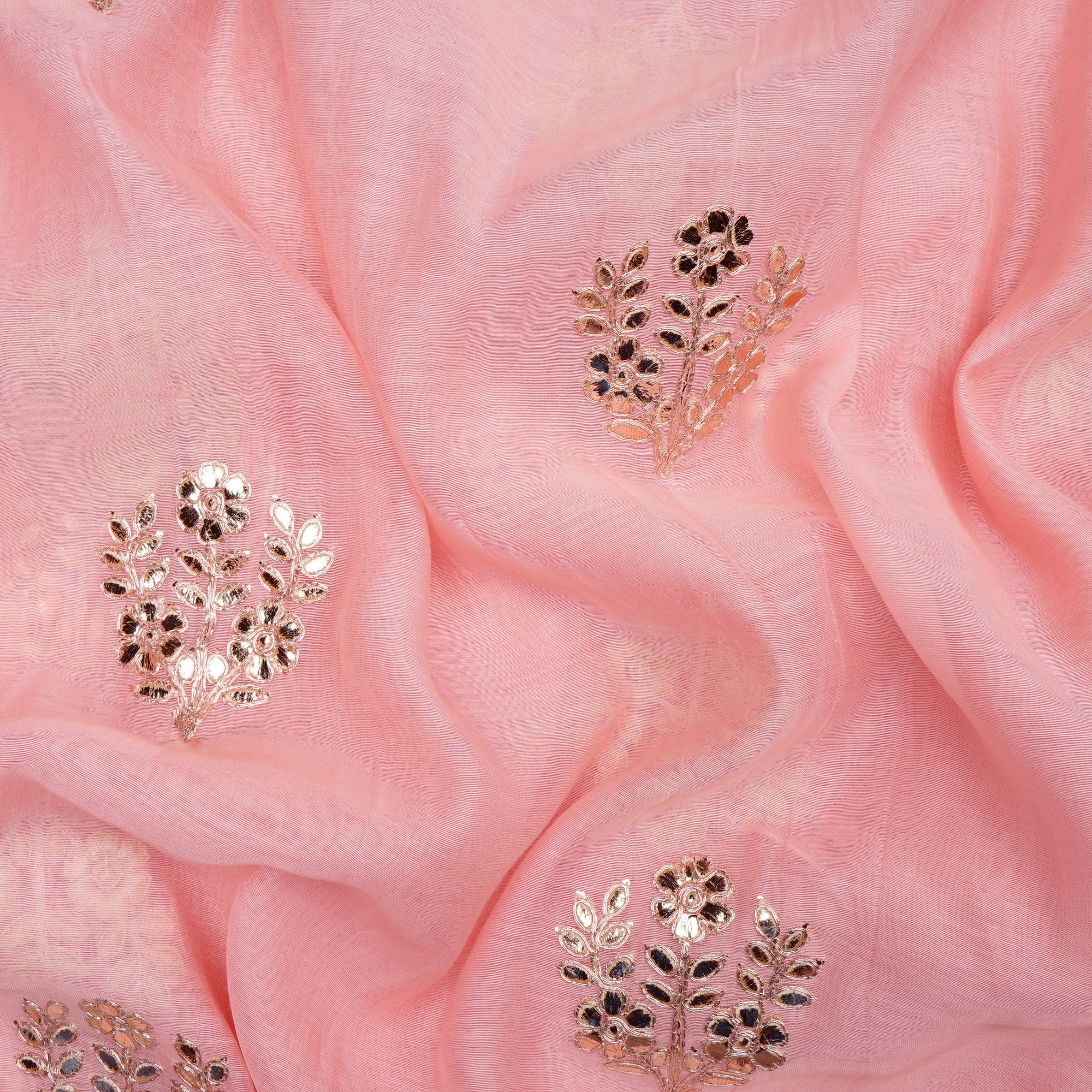 (Pre-Cut 1.50 Mtr)Baby Pink Motif Pattern Thread Embroidered Chanderi Fabric