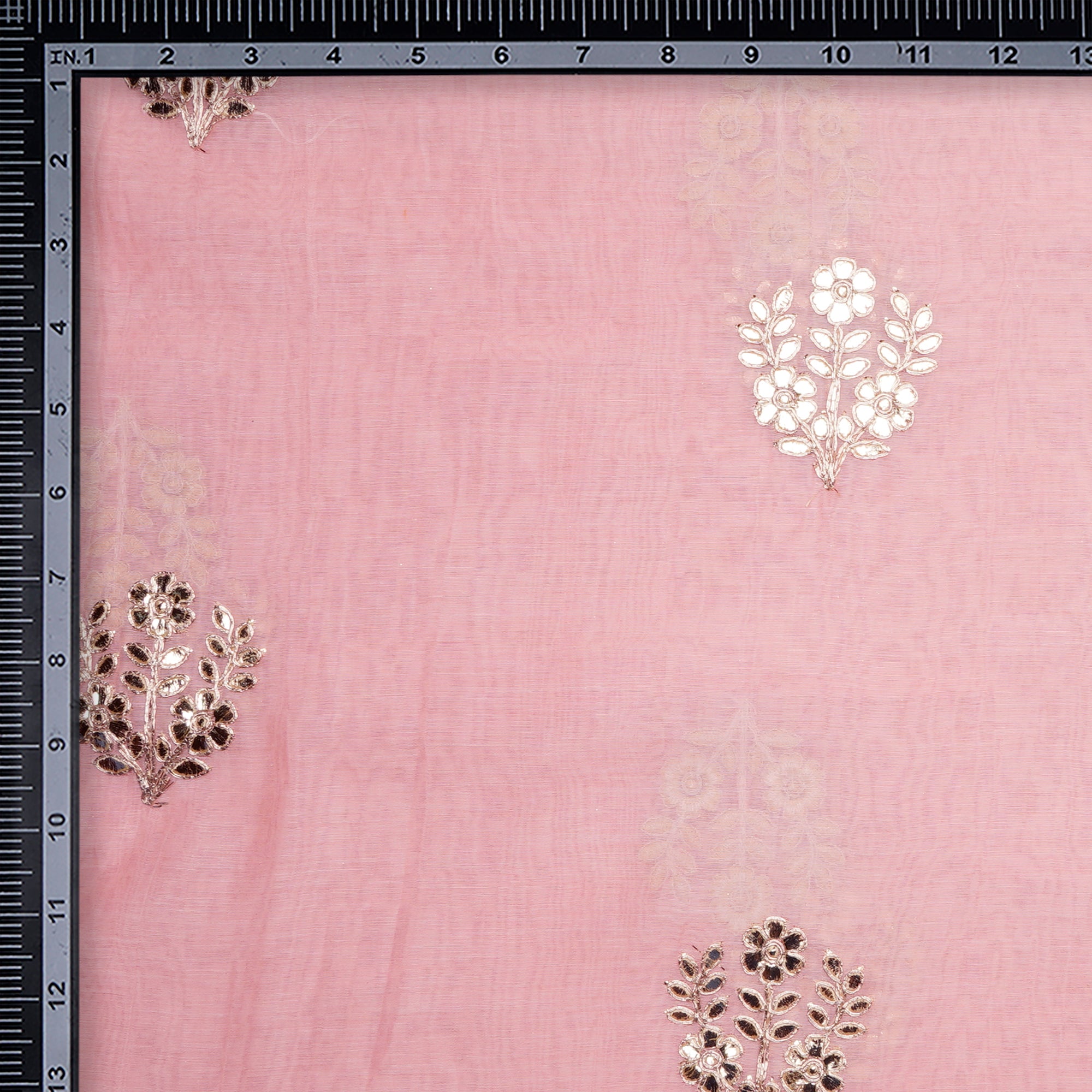 (Pre-Cut 1.50 Mtr)Baby Pink Motif Pattern Thread Embroidered Chanderi Fabric