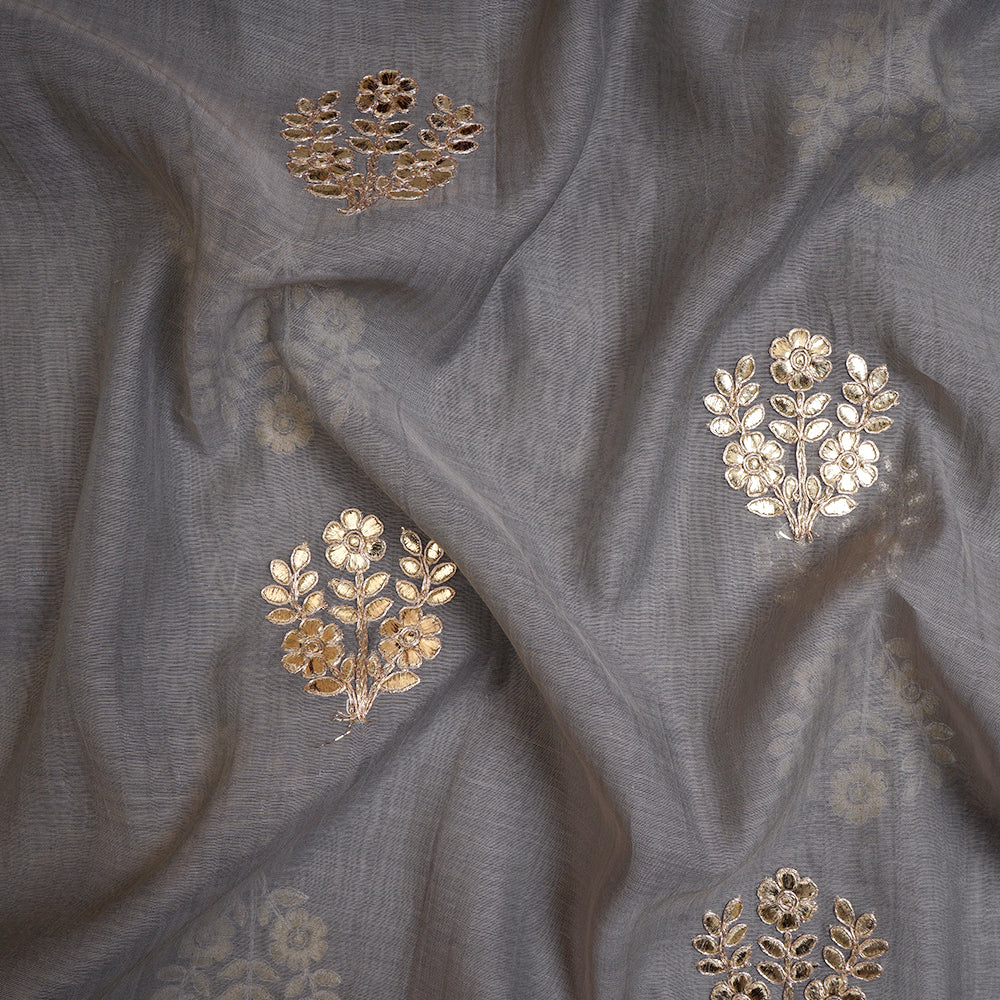 (Pre-Cut 2.25 Mtr)Grey Motif Pattern Embroidered Pure Fine Chanderi Fabric