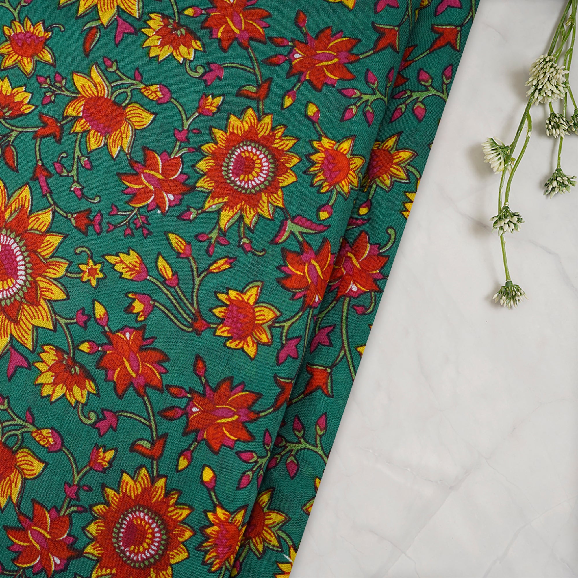 (Pre-Cut 4.20 Mtr)Green-Red Color Printed Bemberg Modal Fabric