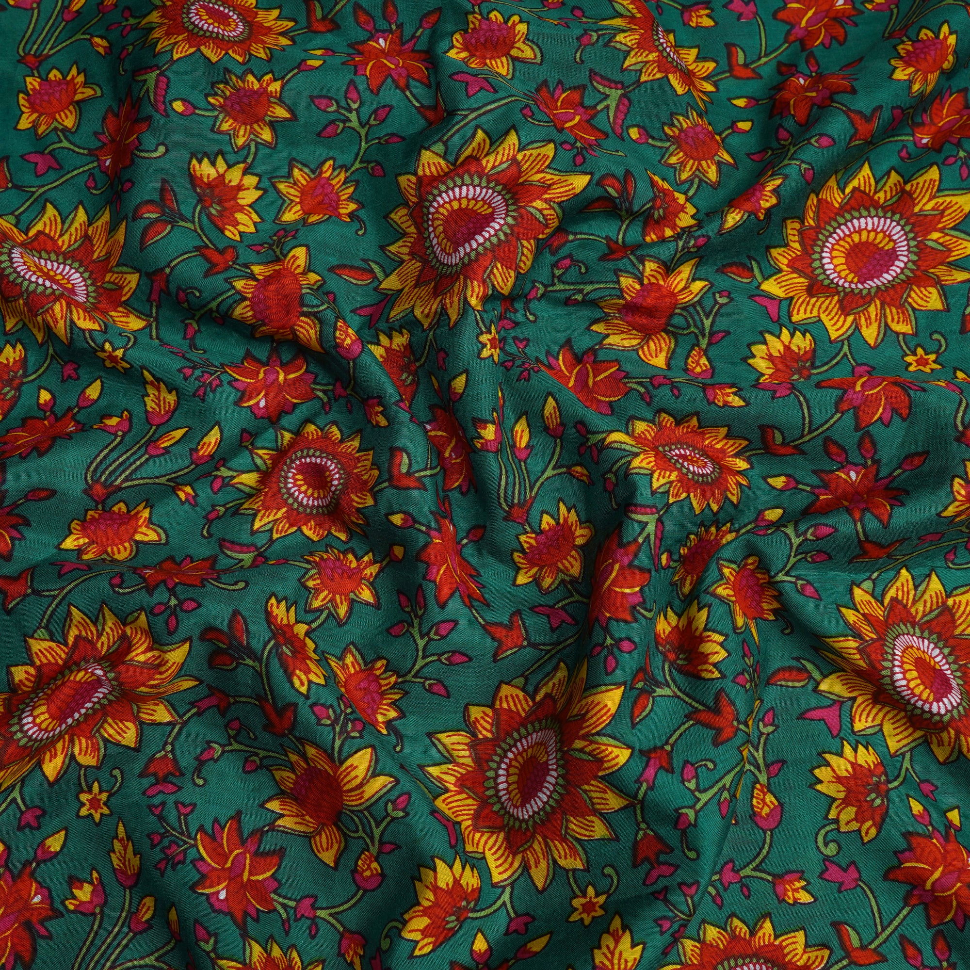 (Pre-Cut 4.20 Mtr)Green-Red Color Printed Bemberg Modal Fabric