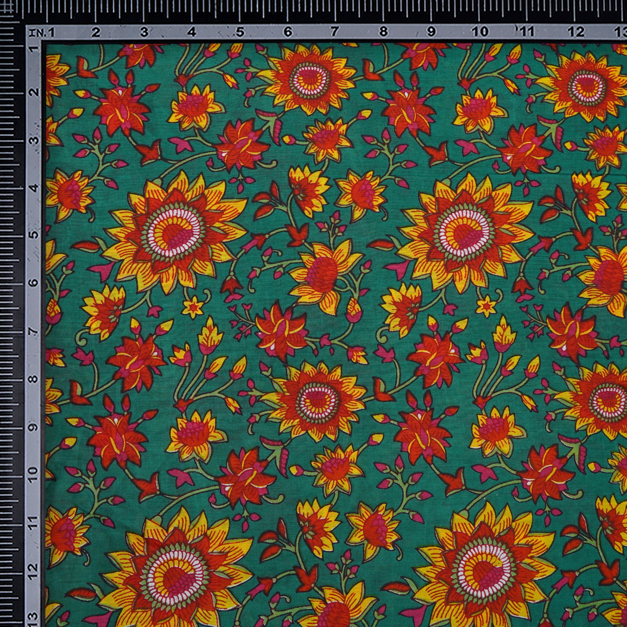 (Pre-Cut 4.20 Mtr)Green-Red Color Printed Bemberg Modal Fabric