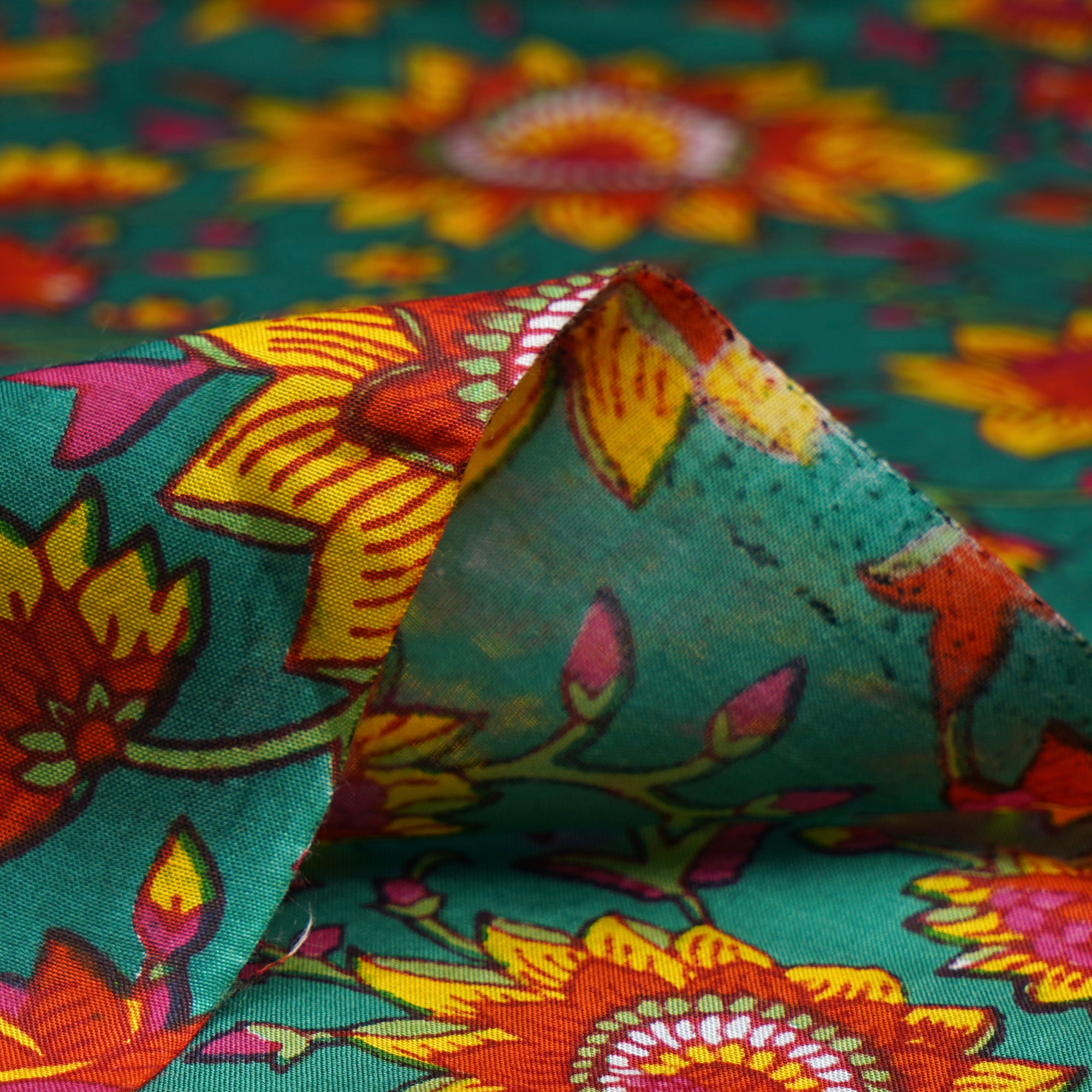 (Pre-Cut 4.20 Mtr)Green-Red Color Printed Bemberg Modal Fabric
