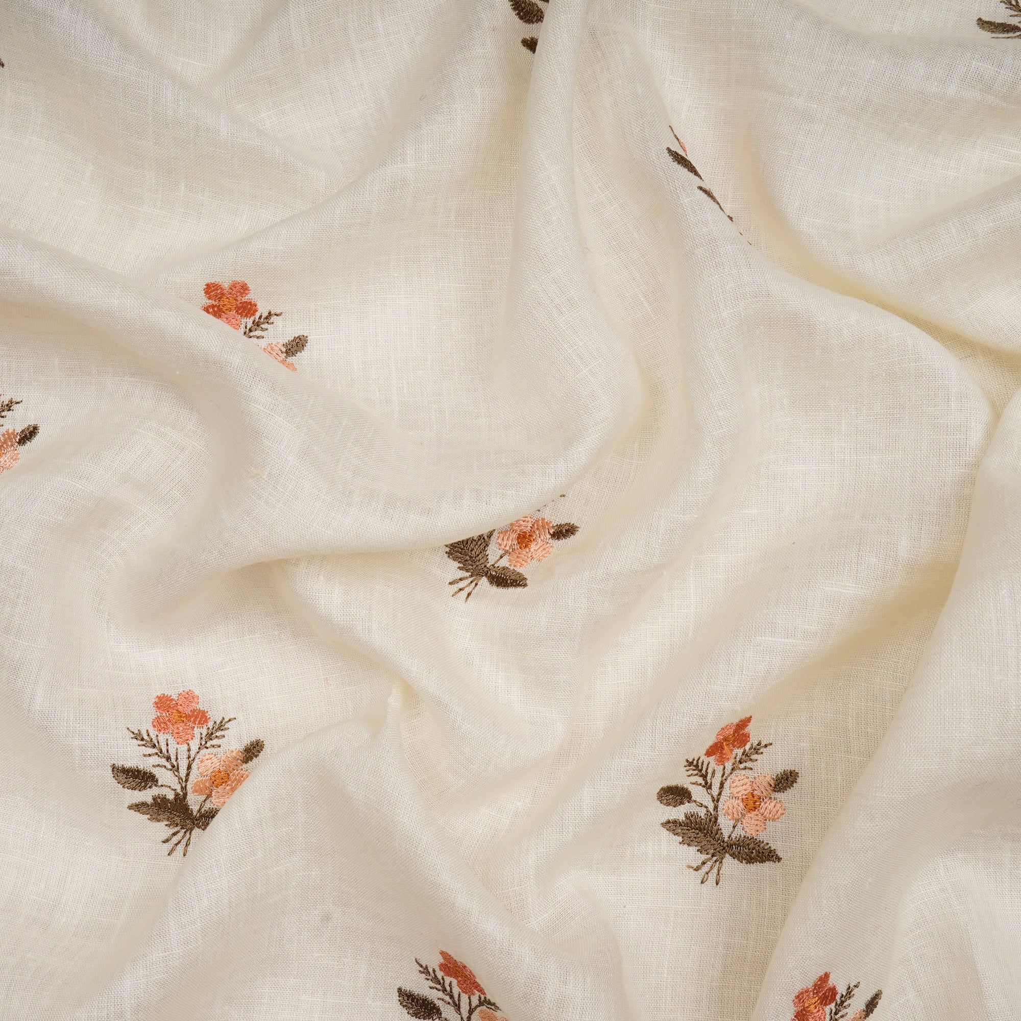 (Pre-Cut 2.95 Mtr) Cream Floral Motif Pattern Thread Embroidered Linen Fabric