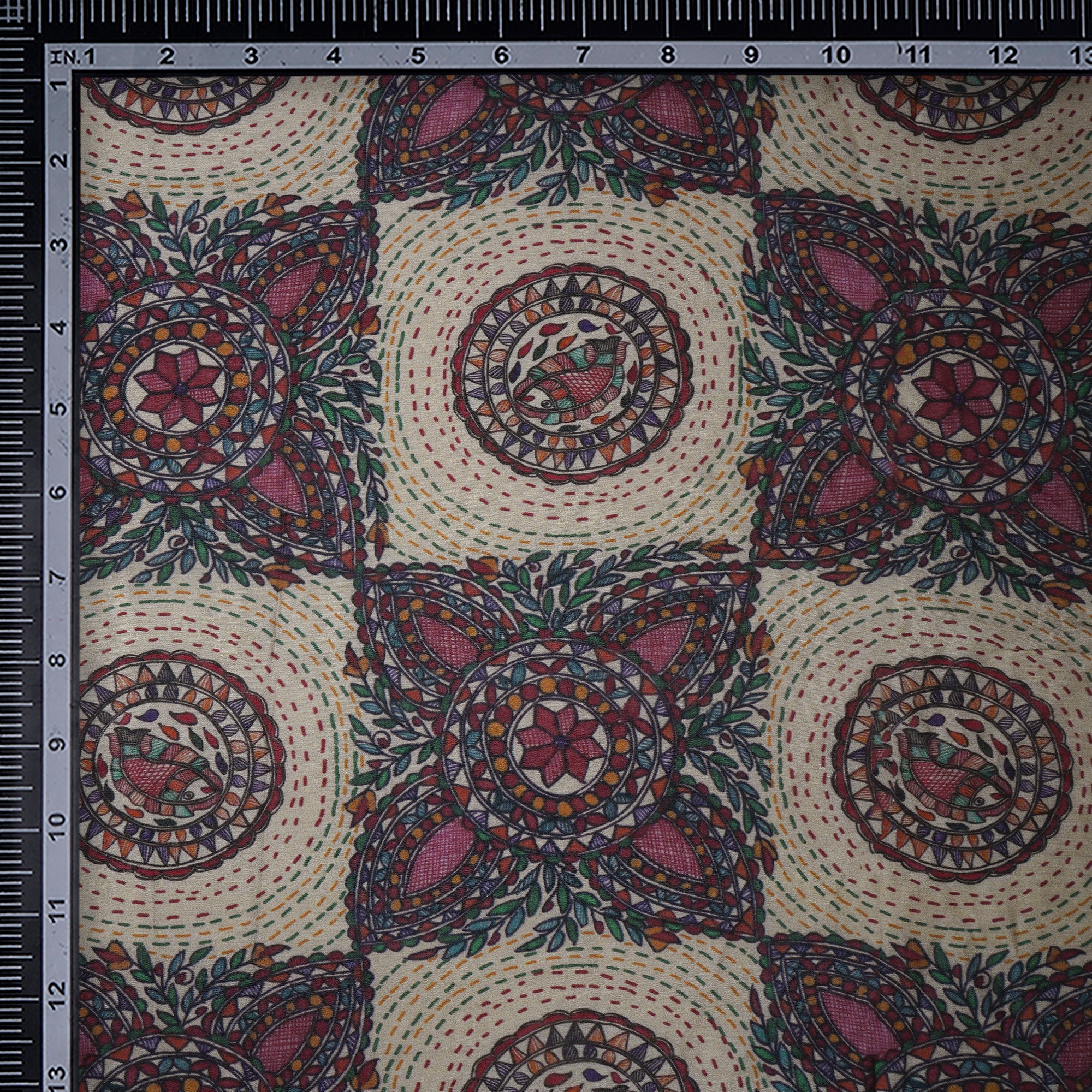 (Pre-Cut 1.30 Mtr)Off White Color Digital Print Madhubani Pattern Muslin Fabric