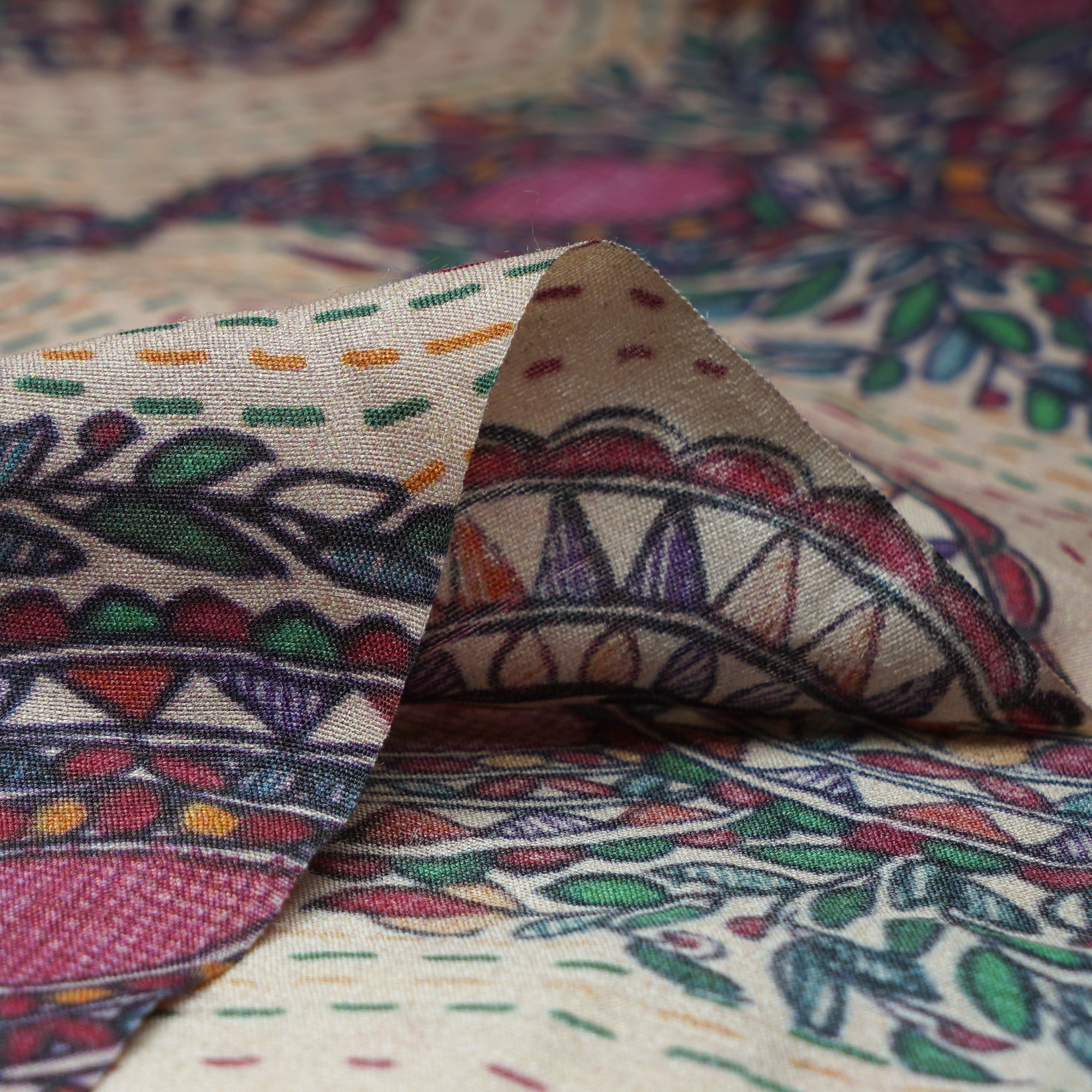 (Pre-Cut 1.30 Mtr)Off White Color Digital Print Madhubani Pattern Muslin Fabric