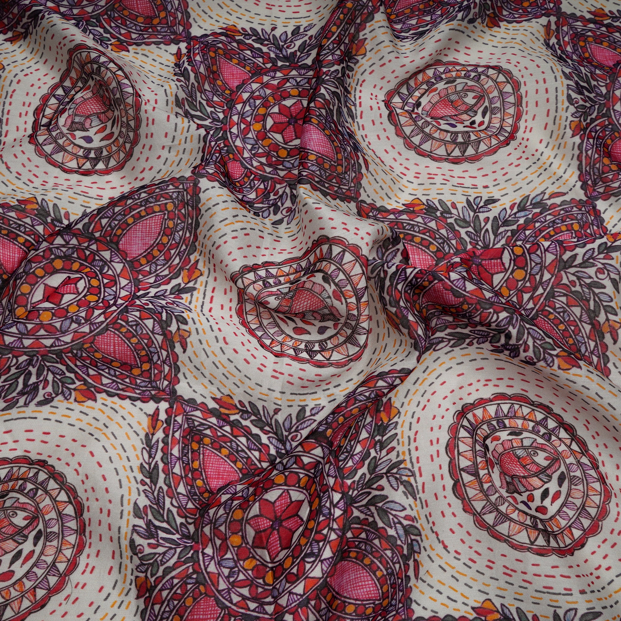 (Pre-Cut 1.70 Mtr)Off White Madhubani Pattern Digital Printed Silk-Cotton Fabric