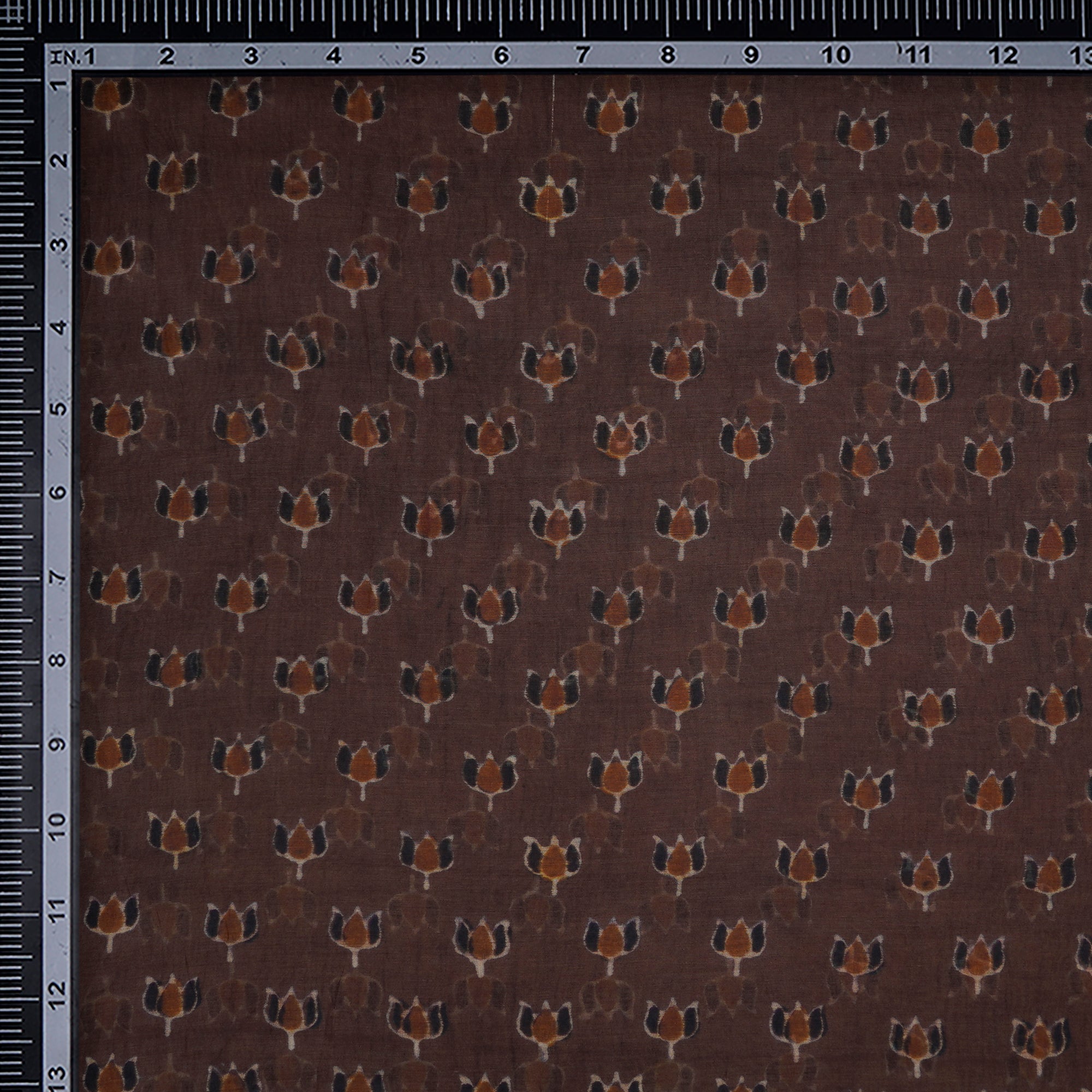 (Pre-Cut 2.15 Mtr)Brown Floral Motif Pattern Digital Printed Silk-Cotton Fabric