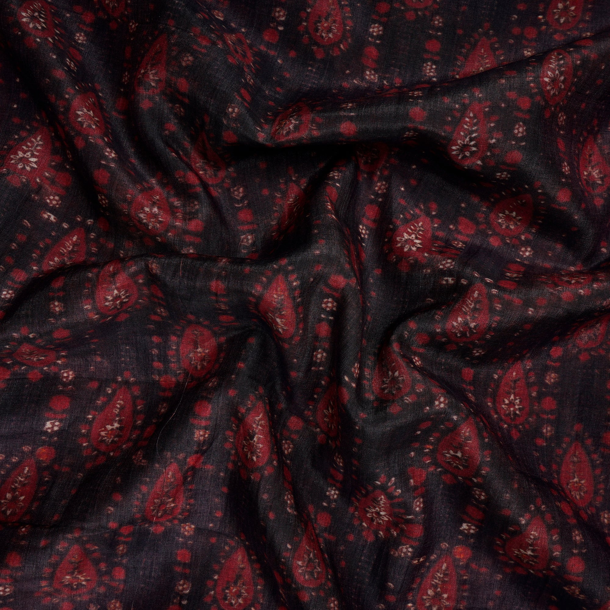 (Pre-Cut 1.65 Mtr)Black-Red All Over Pattern Digital Printed Silk-Cotton Fabric