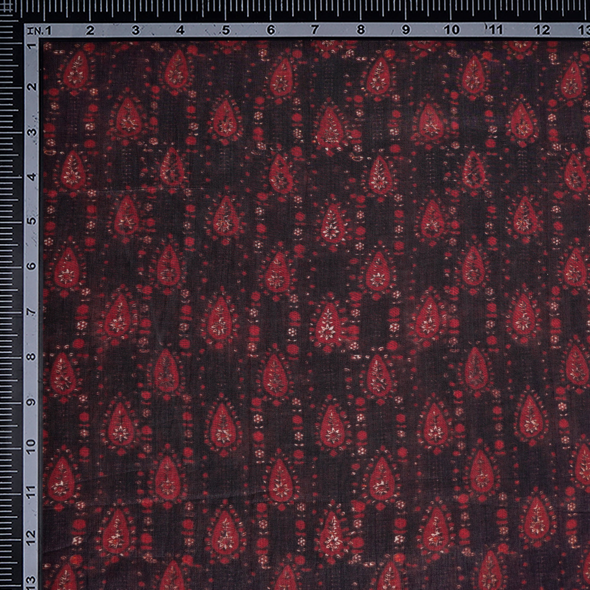 (Pre-Cut 1.65 Mtr)Black-Red All Over Pattern Digital Printed Silk-Cotton Fabric