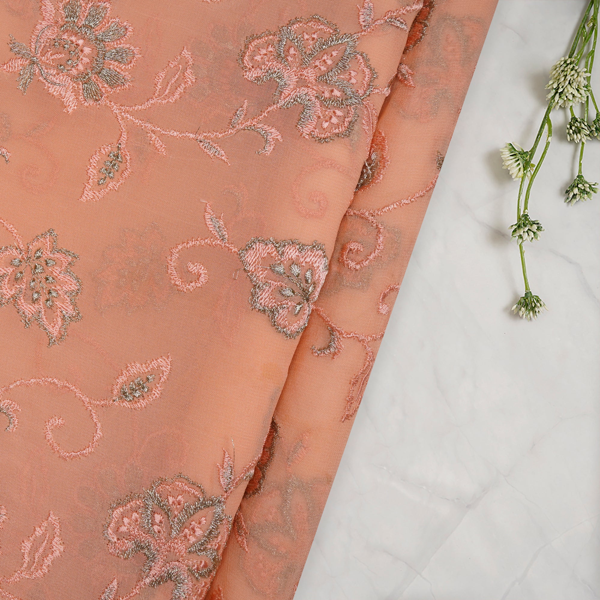 (Pre-Cut 2.00 Mtr)Peach Floral Pattern Embroidered Georgette Fabric