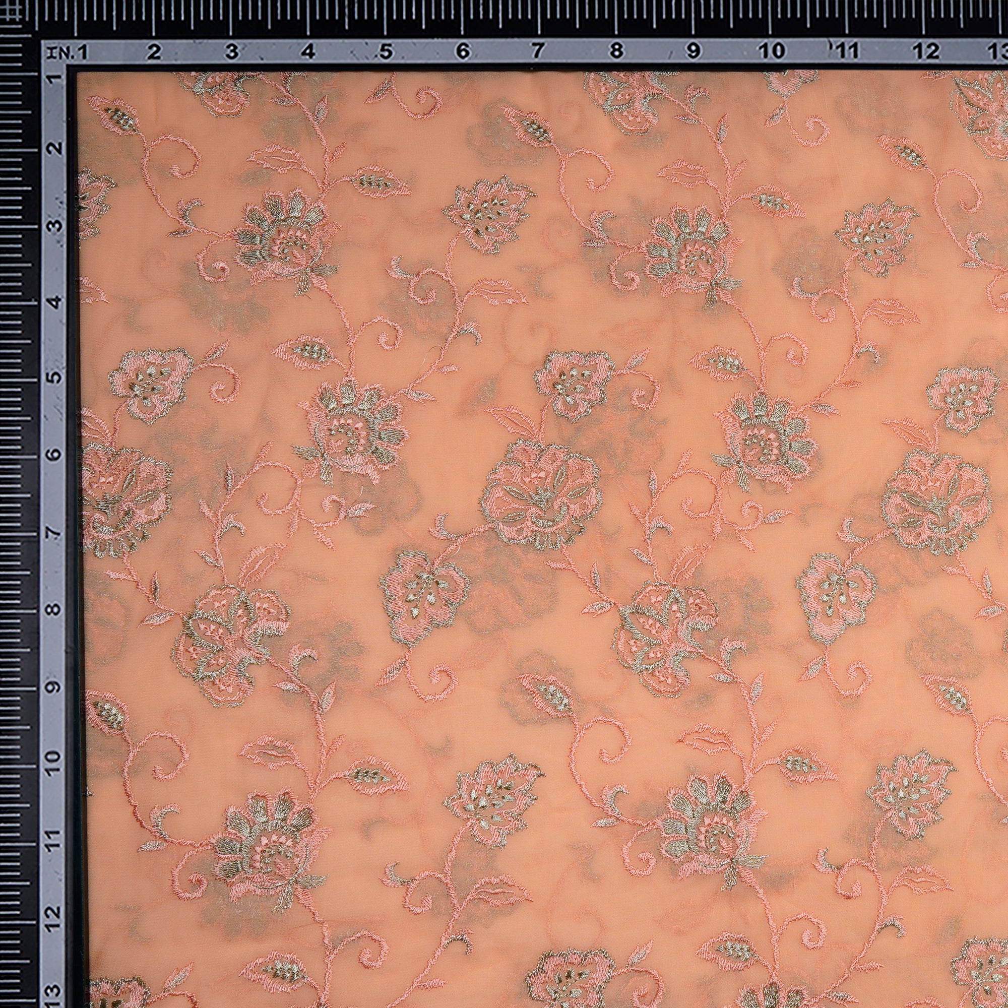 (Pre-Cut 2.00 Mtr)Peach Floral Pattern Embroidered Georgette Fabric