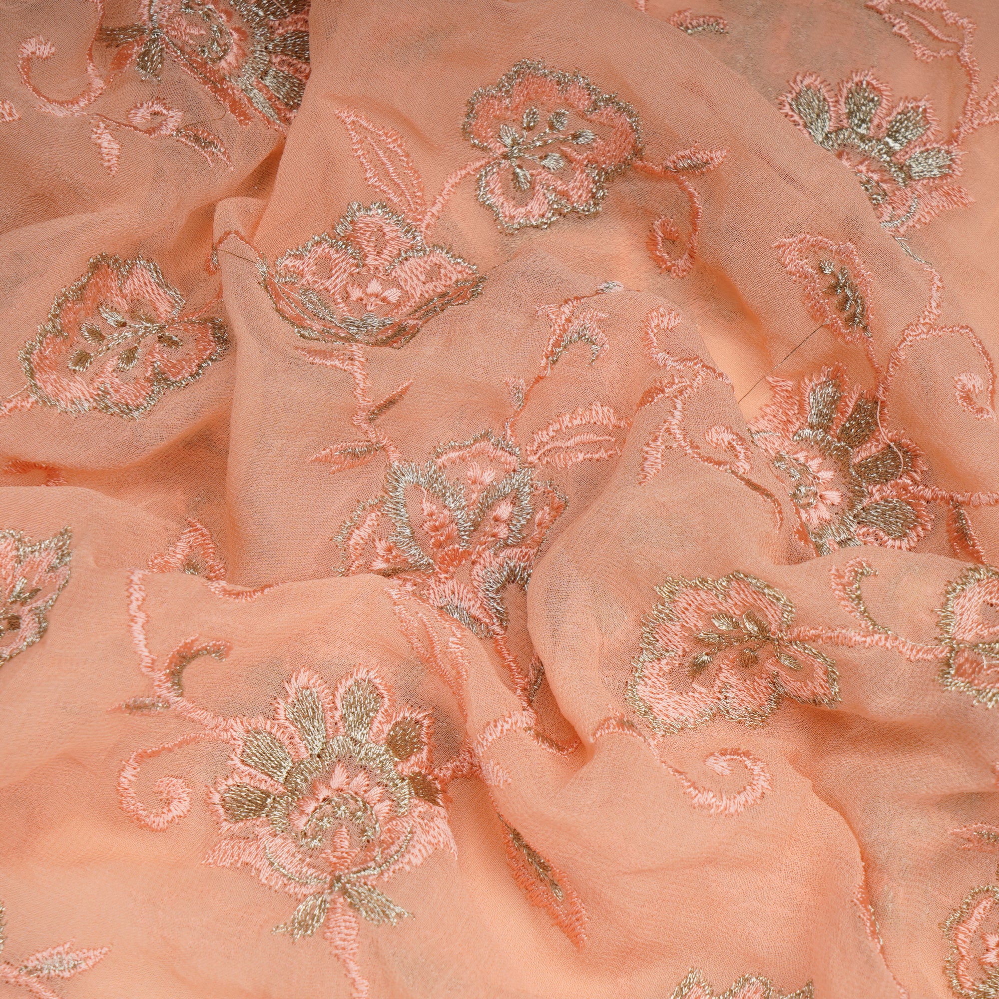 (Pre-Cut 2.00 Mtr)Peach Floral Pattern Embroidered Georgette Fabric