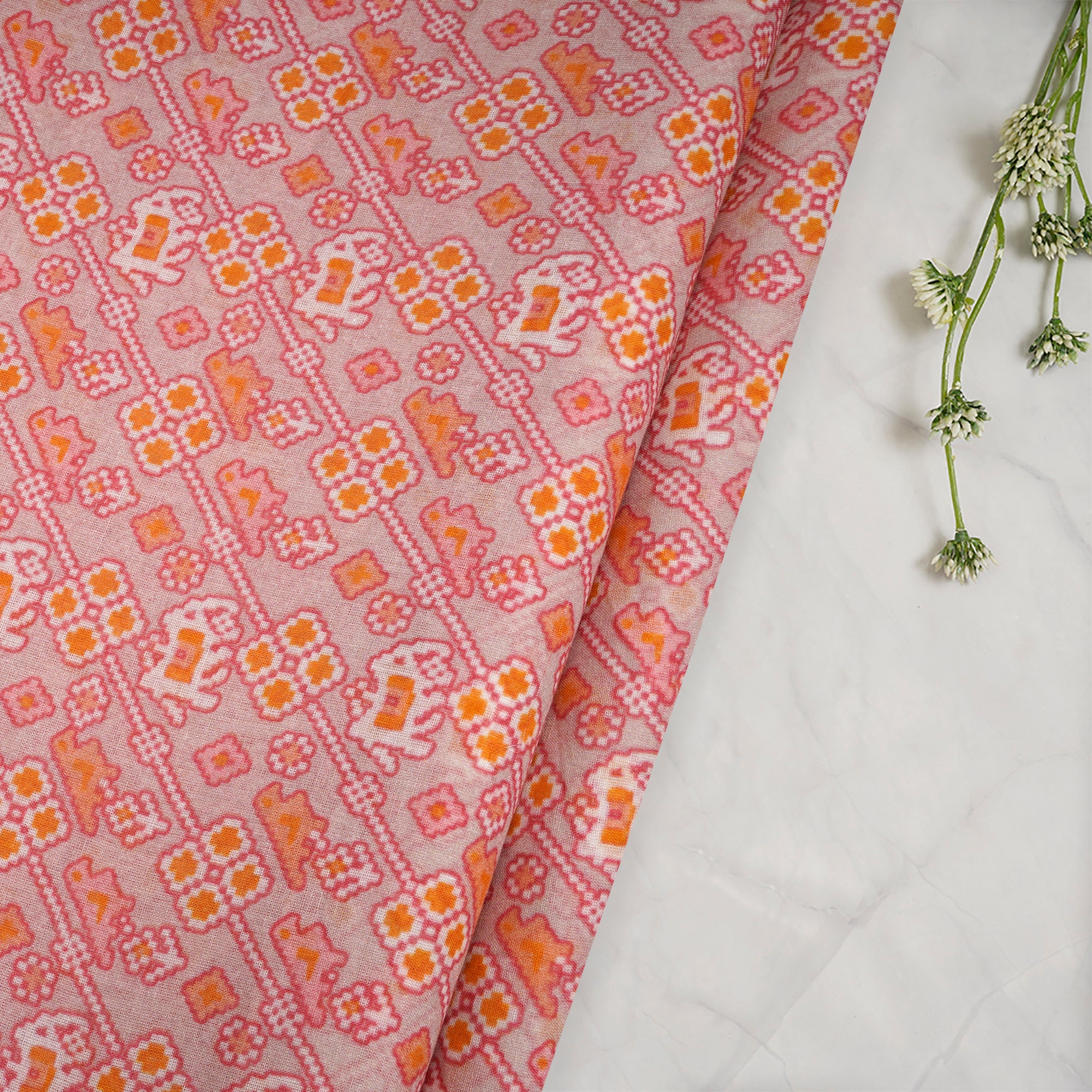 (Pre-Cut 3.55 Mtr) Peach Patola Pattern Digital Printed Silk-Cotton Fabric