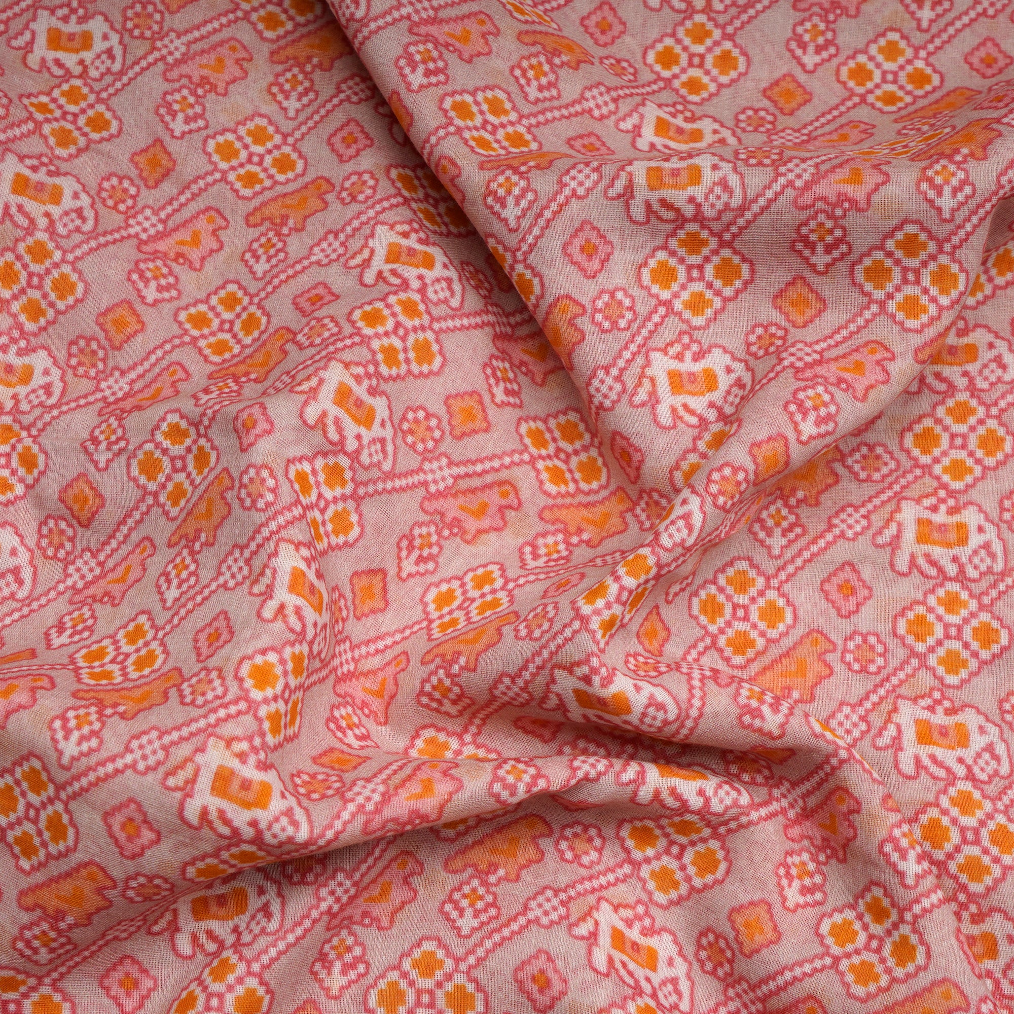 (Pre-Cut 3.55 Mtr) Peach Patola Pattern Digital Printed Silk-Cotton Fabric