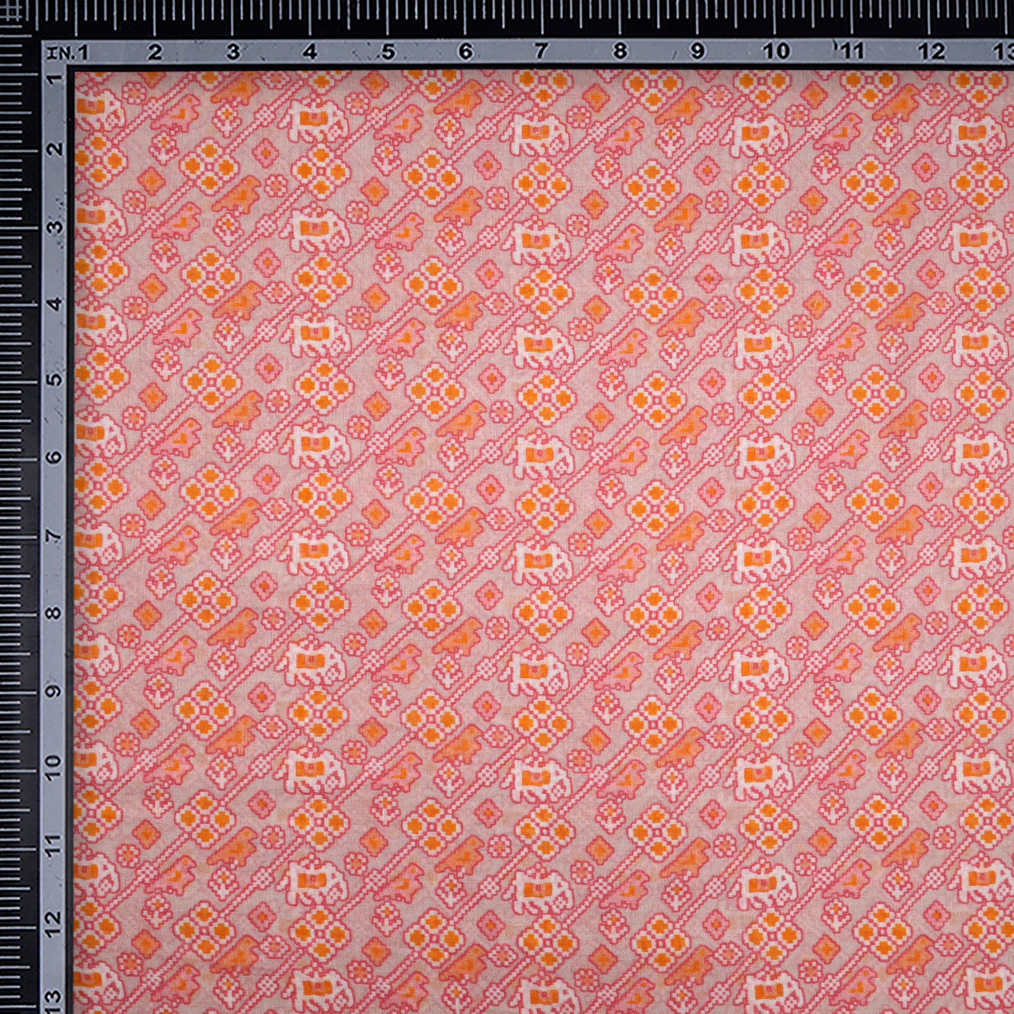 (Pre-Cut 3.55 Mtr) Peach Patola Pattern Digital Printed Silk-Cotton Fabric