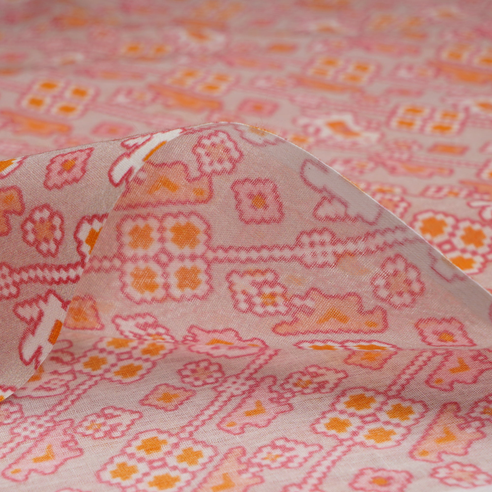 (Pre-Cut 3.55 Mtr) Peach Patola Pattern Digital Printed Silk-Cotton Fabric