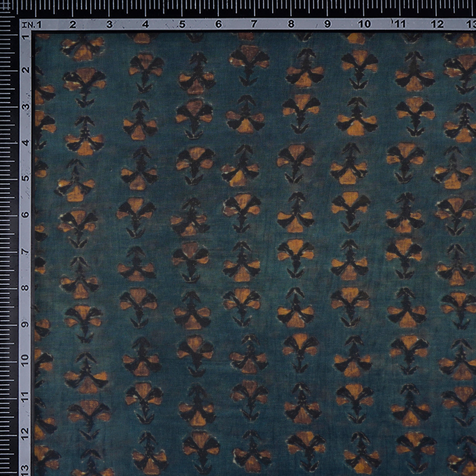 (Pre-Cut 1.40 Mtr)Indian Teal Floral Motif Pattern Digital Printed Silk-Cotton Fabric