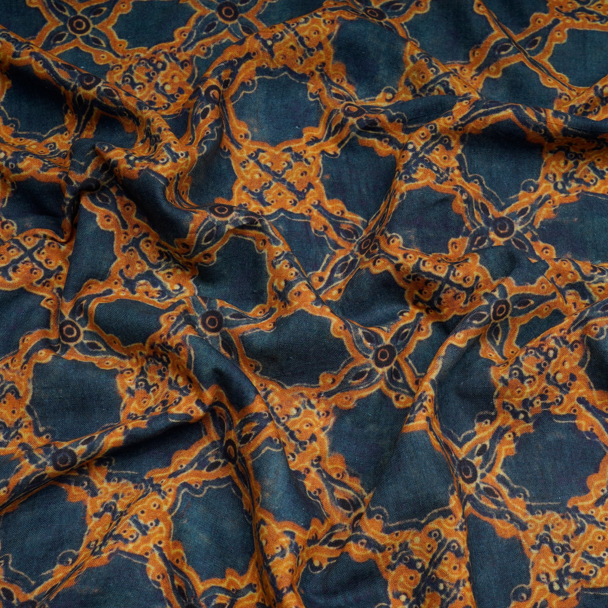 (Pre-Cut 1.70 Mtr) Navy Blue All Over Pattern Digital Printed Silk-Cotton Fabric