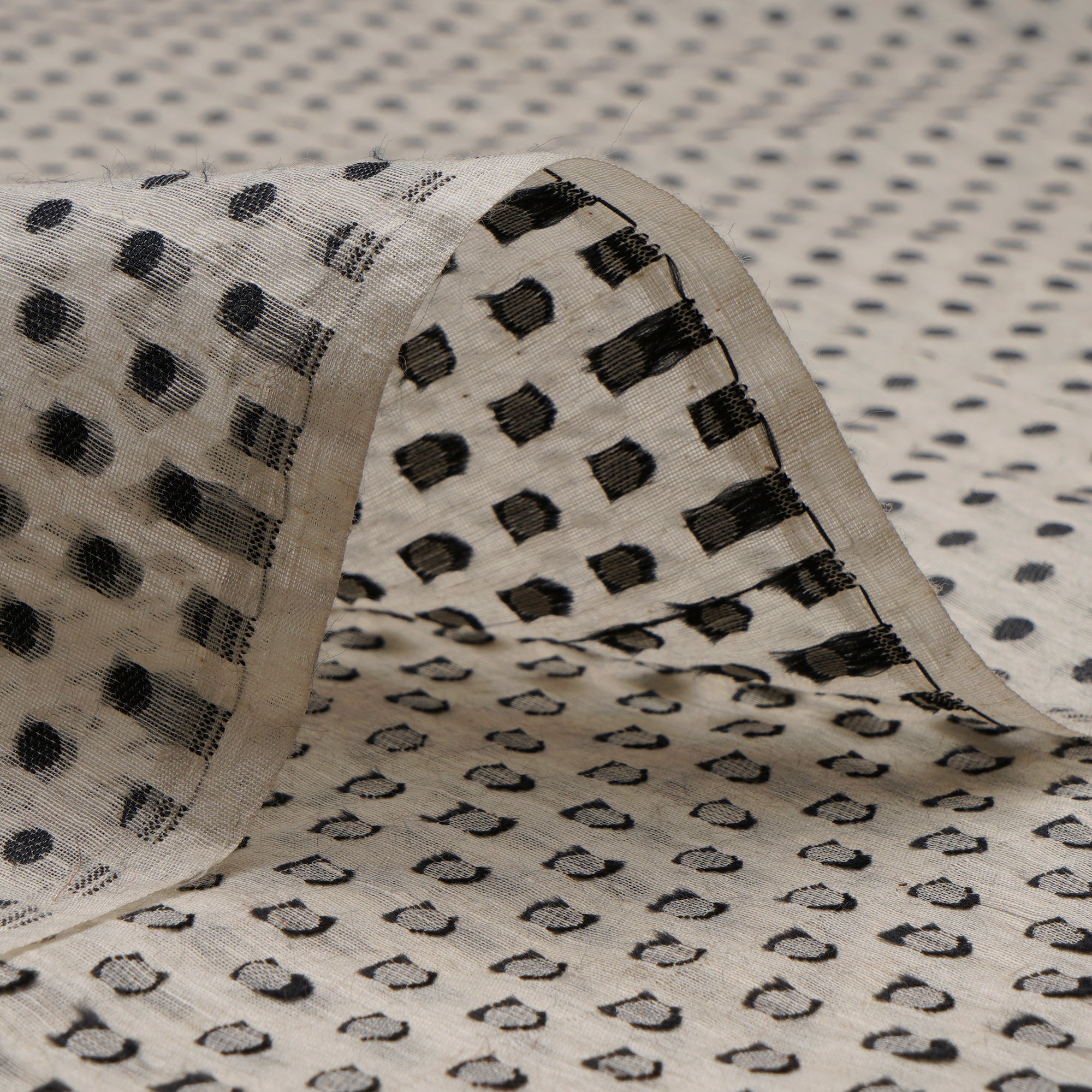 (Pre-Cut 0.55 Mtr)White-Black Handwoven Brocade Chanderi Fabric