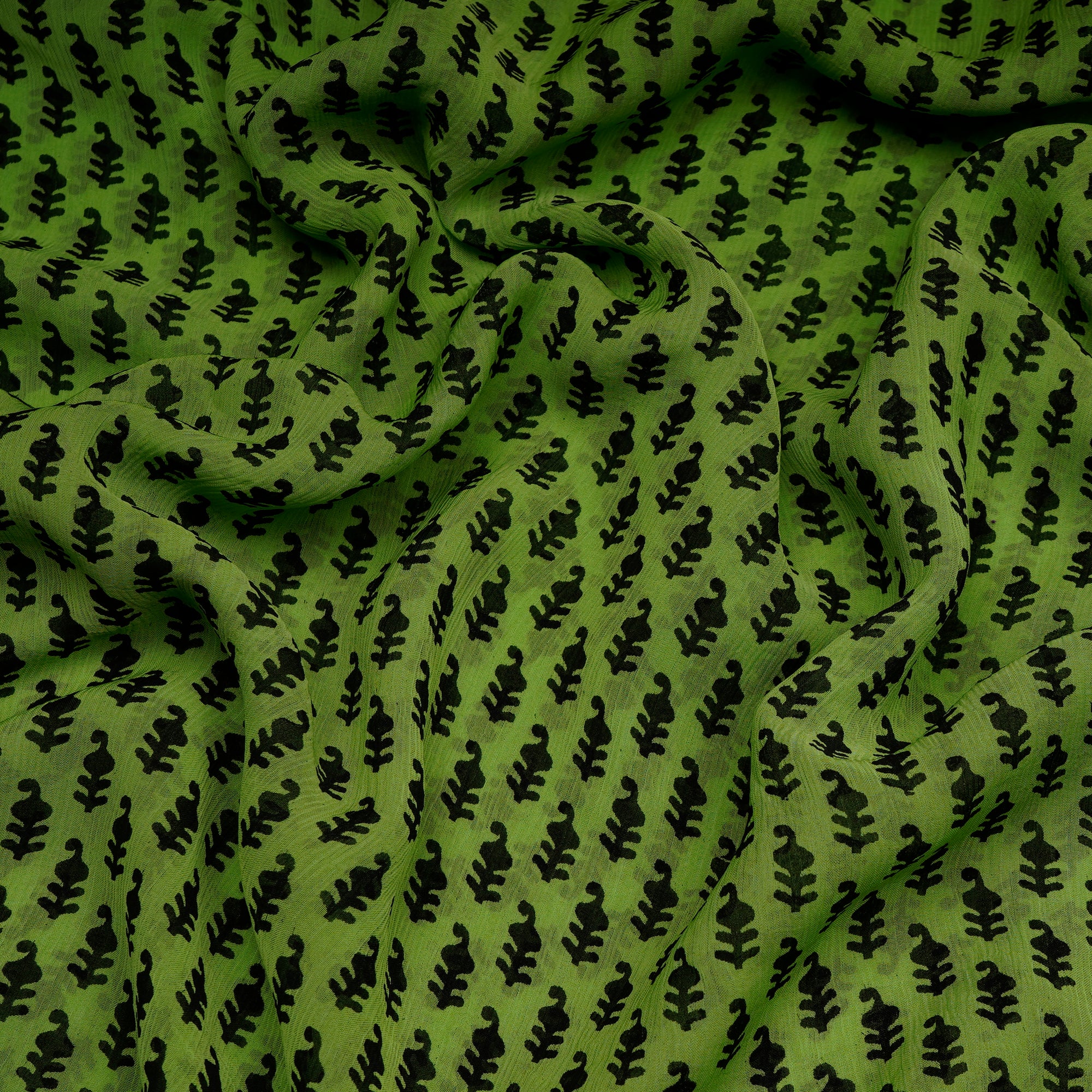 (Pre-Cut 3.80 Mtr)Green Tropical Pattern Digital Printed Bemberg Chiffon Fabric